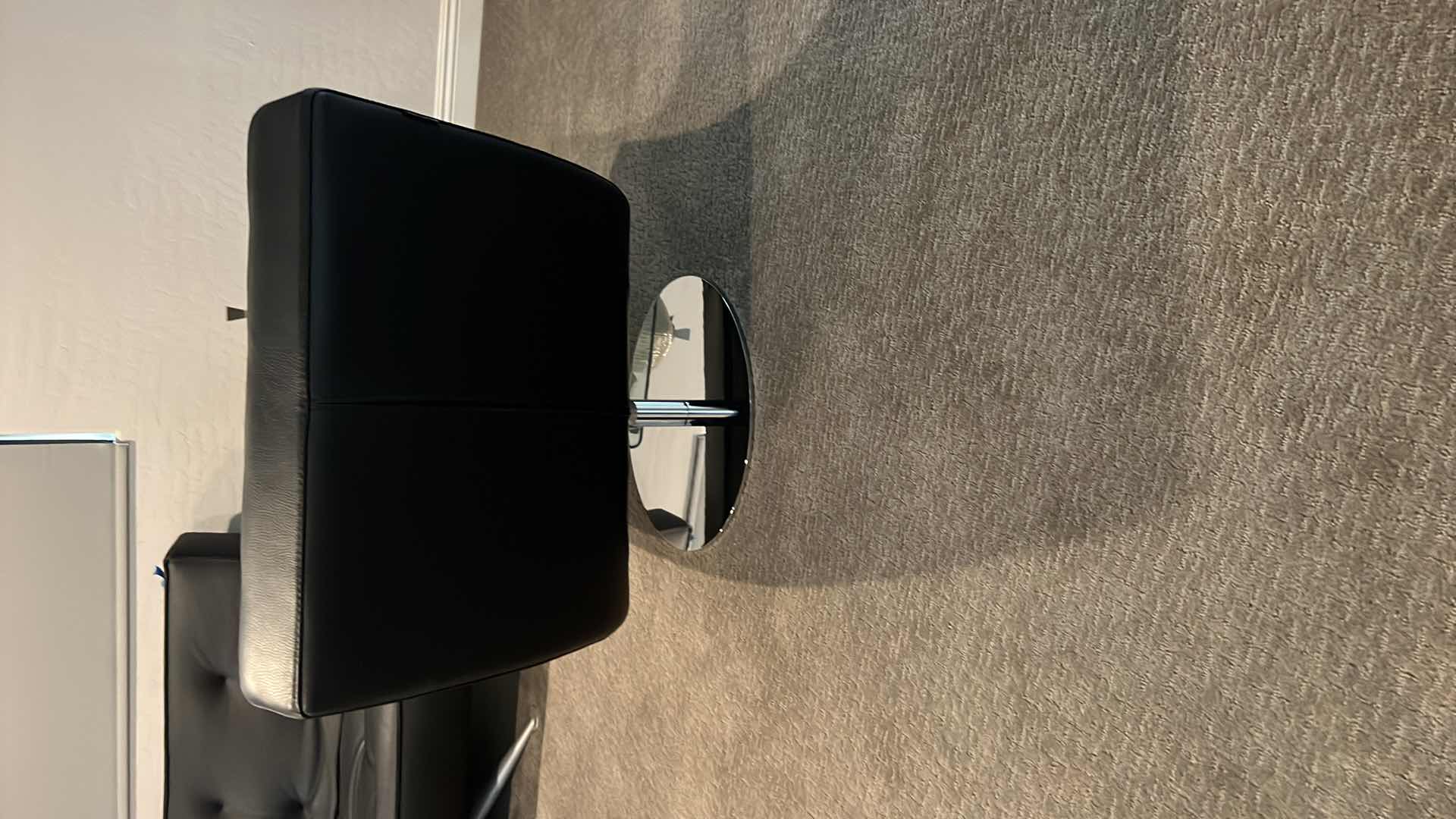 Photo 4 of ROCHE BOBLOIS BLACK LEATHER SWIVEL ARMLESS CHAIR W POLISHED STAINLESS-STEEL BASE