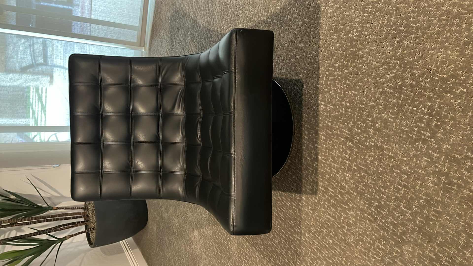 Photo 3 of ROCHE BOBLOIS BLACK LEATHER SWIVEL ARMLESS CHAIR W POLISHED STAINLESS-STEEL BASE