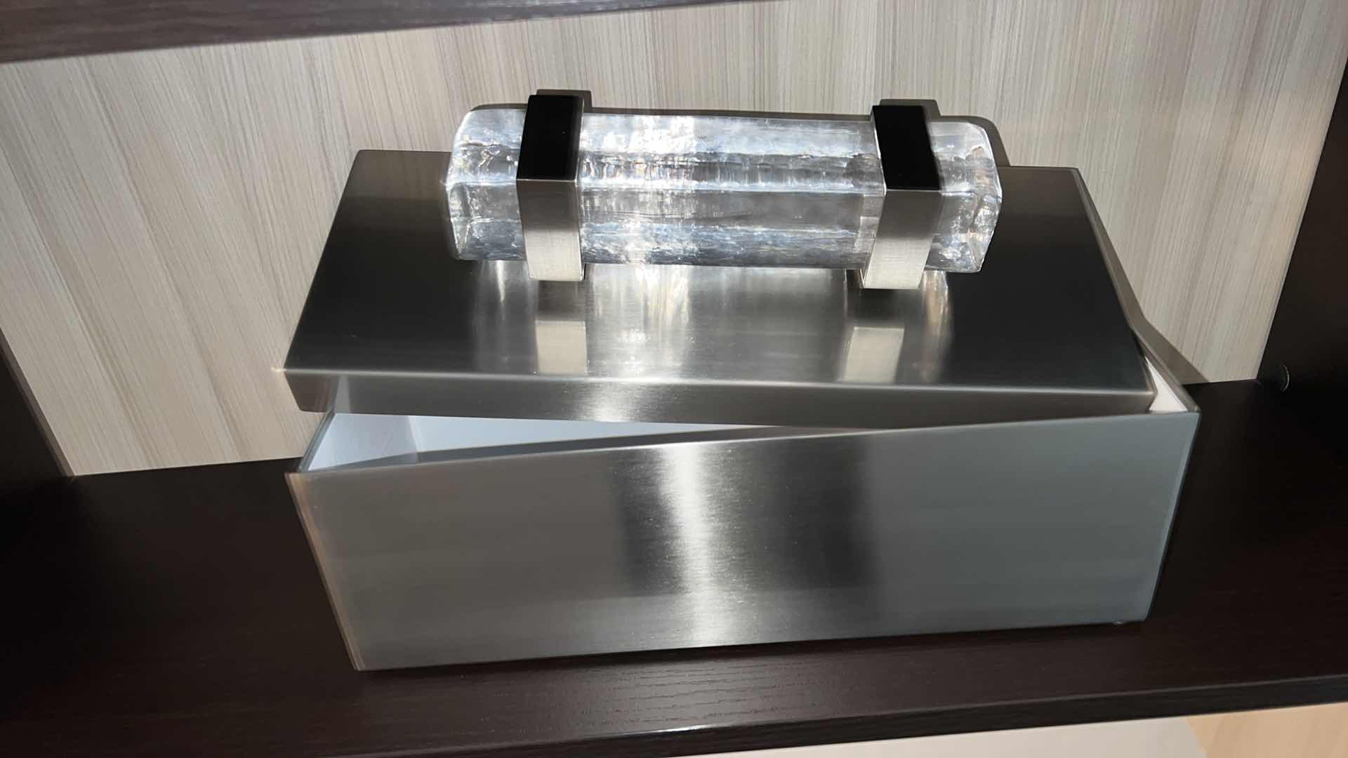 Photo 1 of HEAVY STAINLESS STEEL BOX W GLASS HANDLE 15” x 6” H9”