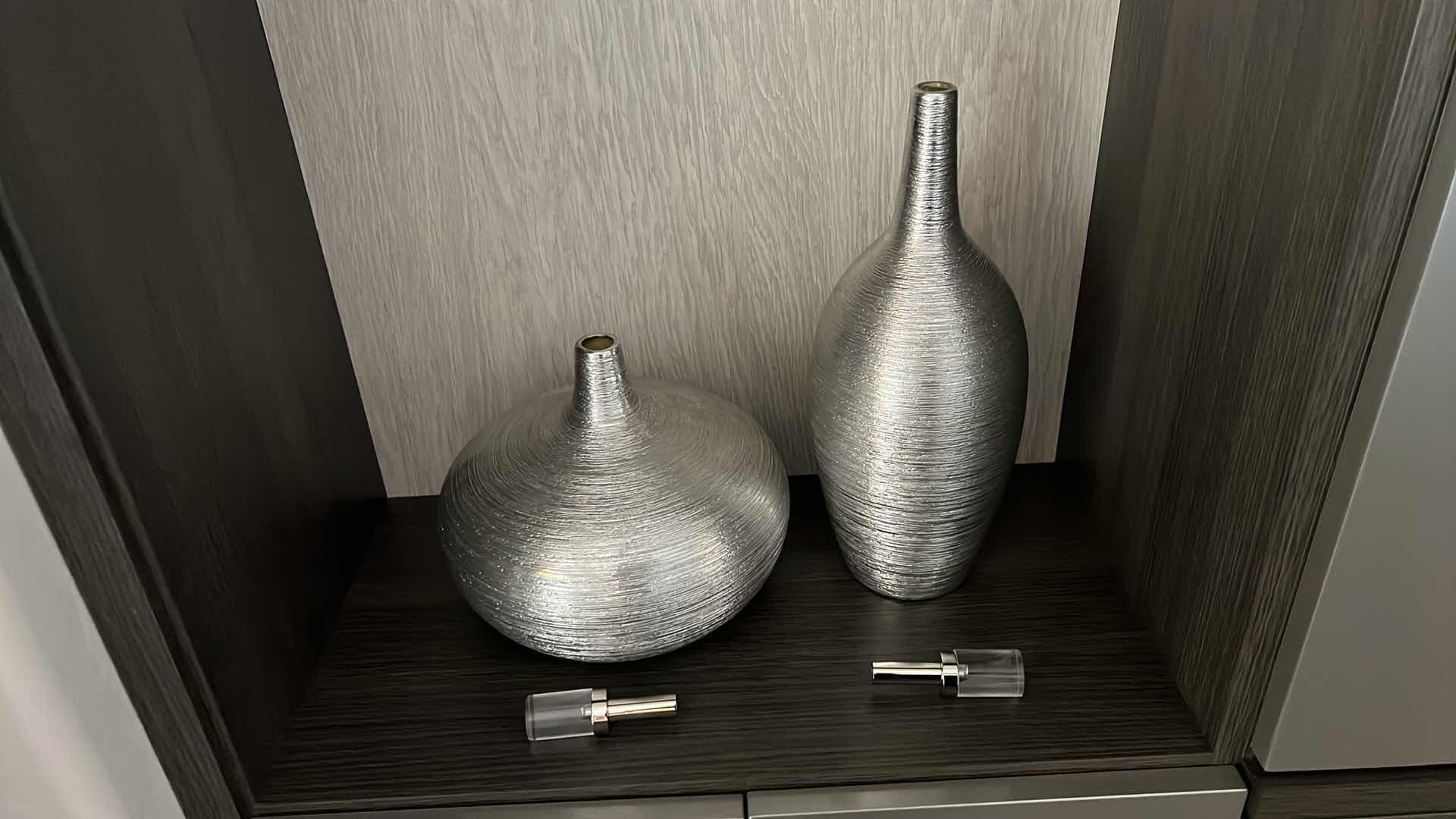 Photo 1 of 2-UTTERMOST GATSBY BOTTLES SILVER LEAF W CRYSTAL AND BRUSHED NICKEL ACCENTS