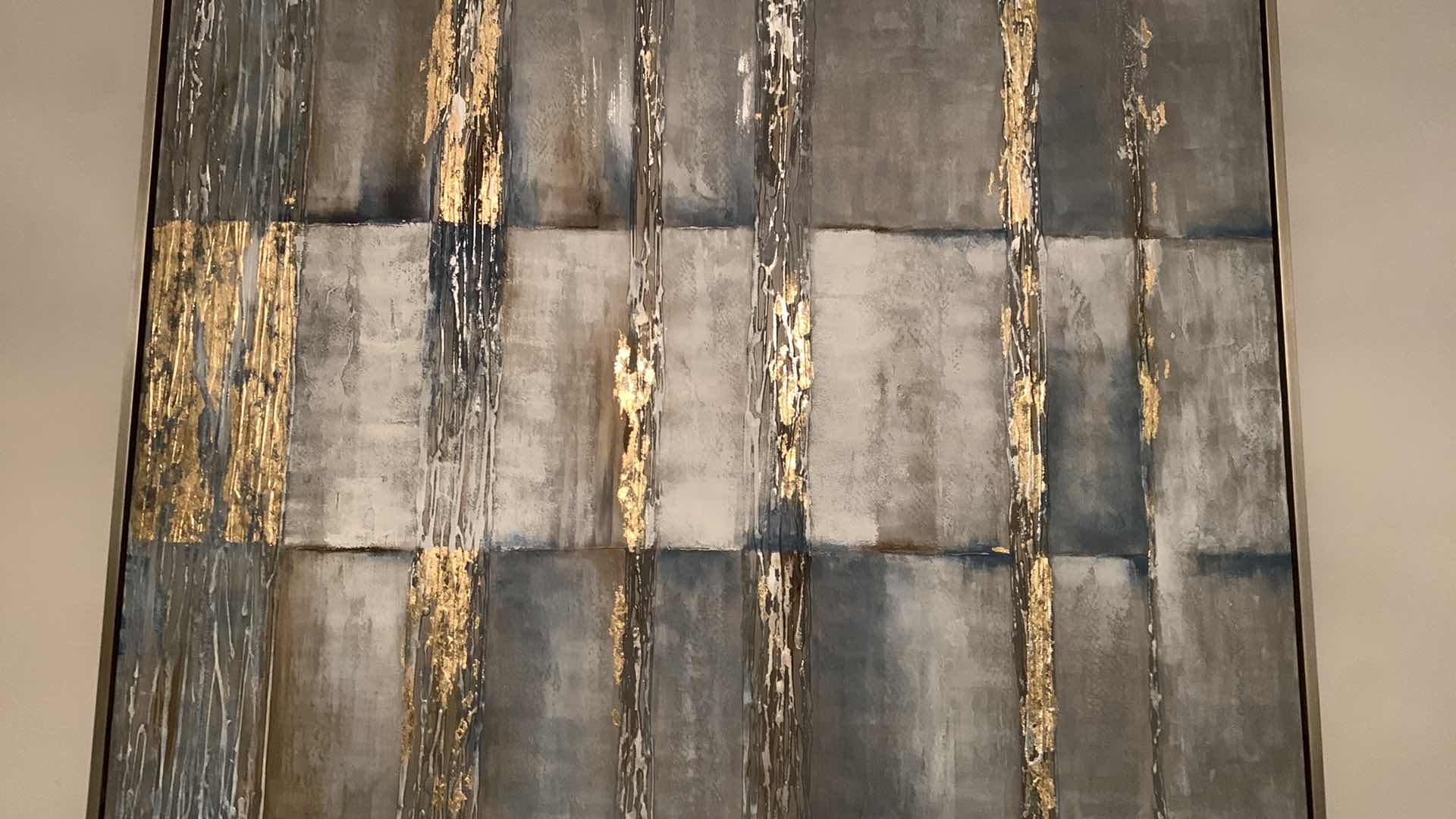 Photo 1 of SILVER FRAMED ABSTRACT ARTWORK SHADES OF BLUE AND GRAY W GOLD LEAF 62” x 52”