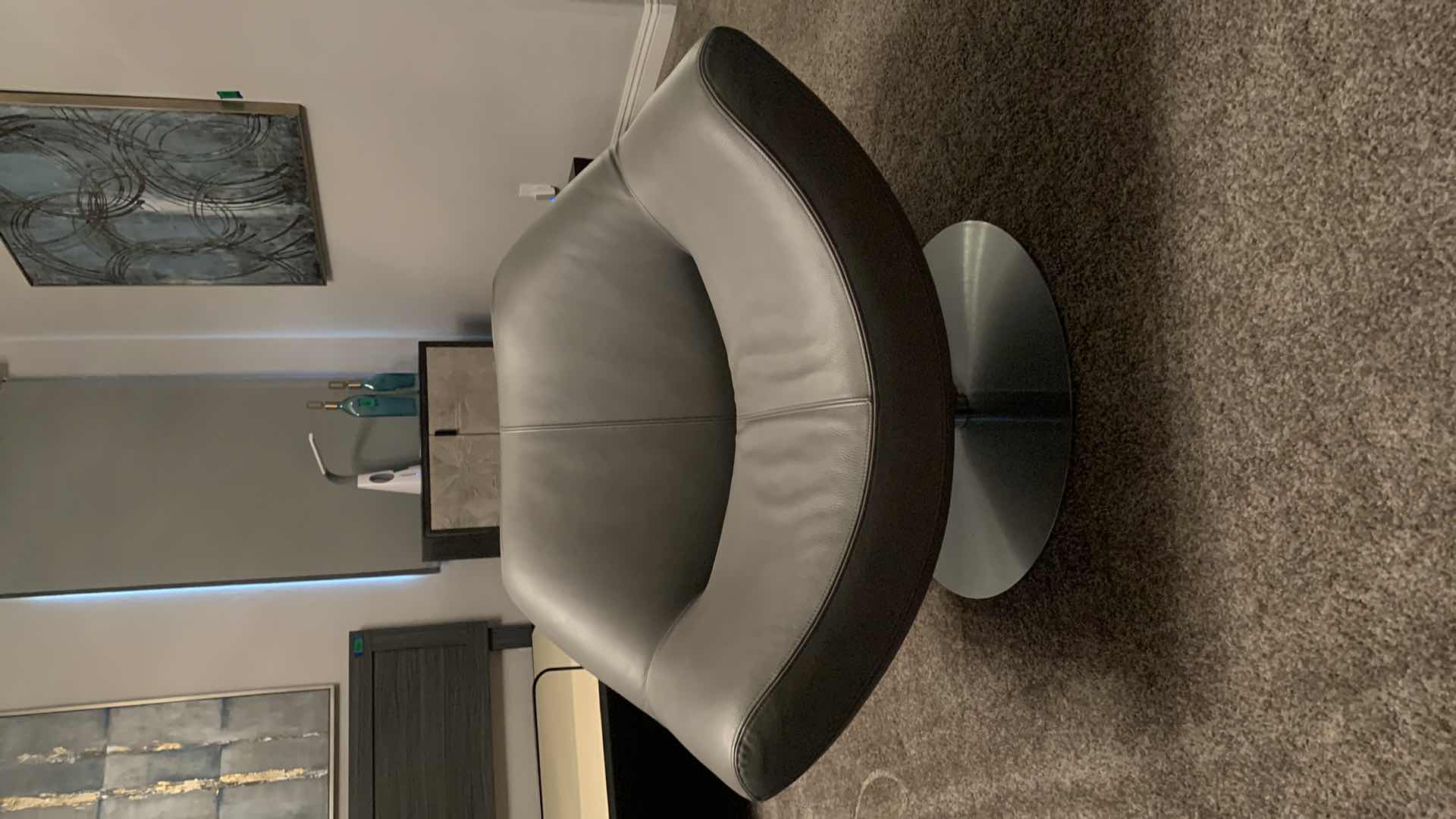 Photo 1 of DESIGNER ROCHE BOBOIS GRAY LEATHER SWIVEL LOW SEATING OCCASIONAL CHAIR W POLISHED CHROME BASE