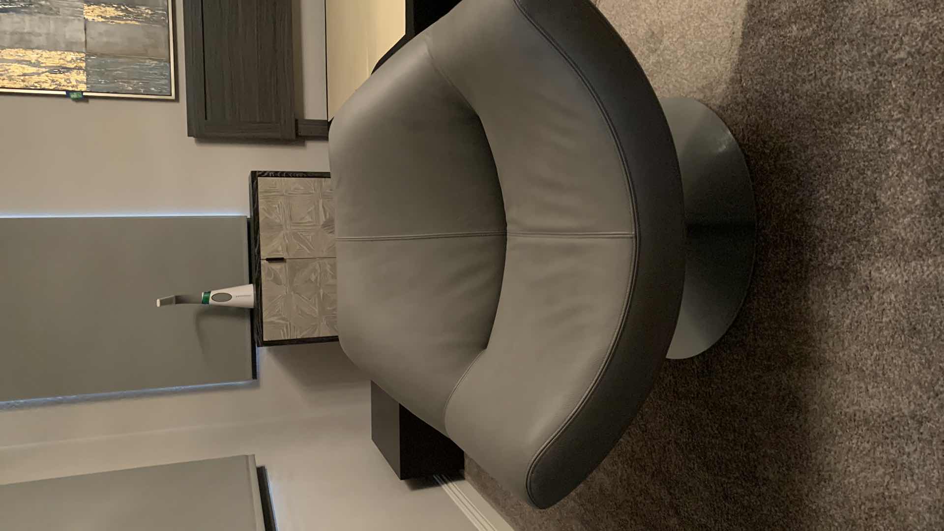 Photo 1 of DESIGNER ROCHE BOBOIS MADE IN ITALY GRAY LEATHER SWIVEL LOW SEATING OCCASIONAL CHAIR W METAL BASE