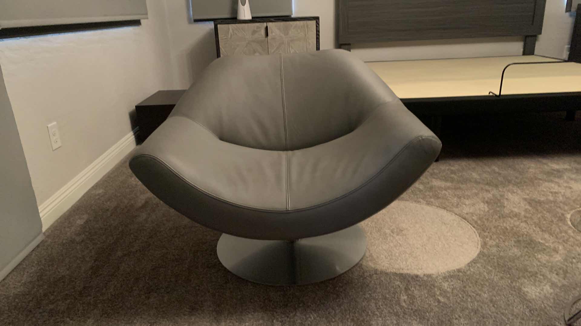 Photo 1 of DESIGNER ROCHE BOBOIS MADE IN ITALY GRAY LEATHER SWIVEL LOW SEATING OCCASIONAL CHAIR W METAL BASE
