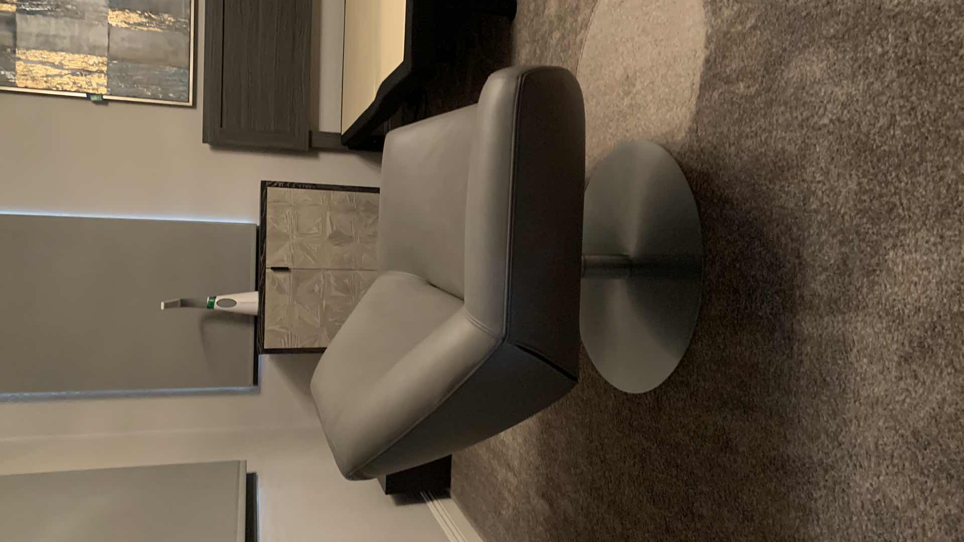 Photo 1 of DESIGNER ROCHE BOBOIS MADE IN ITALY GRAY LEATHER SWIVEL LOW SEATING OCCASIONAL CHAIR W METAL BASE