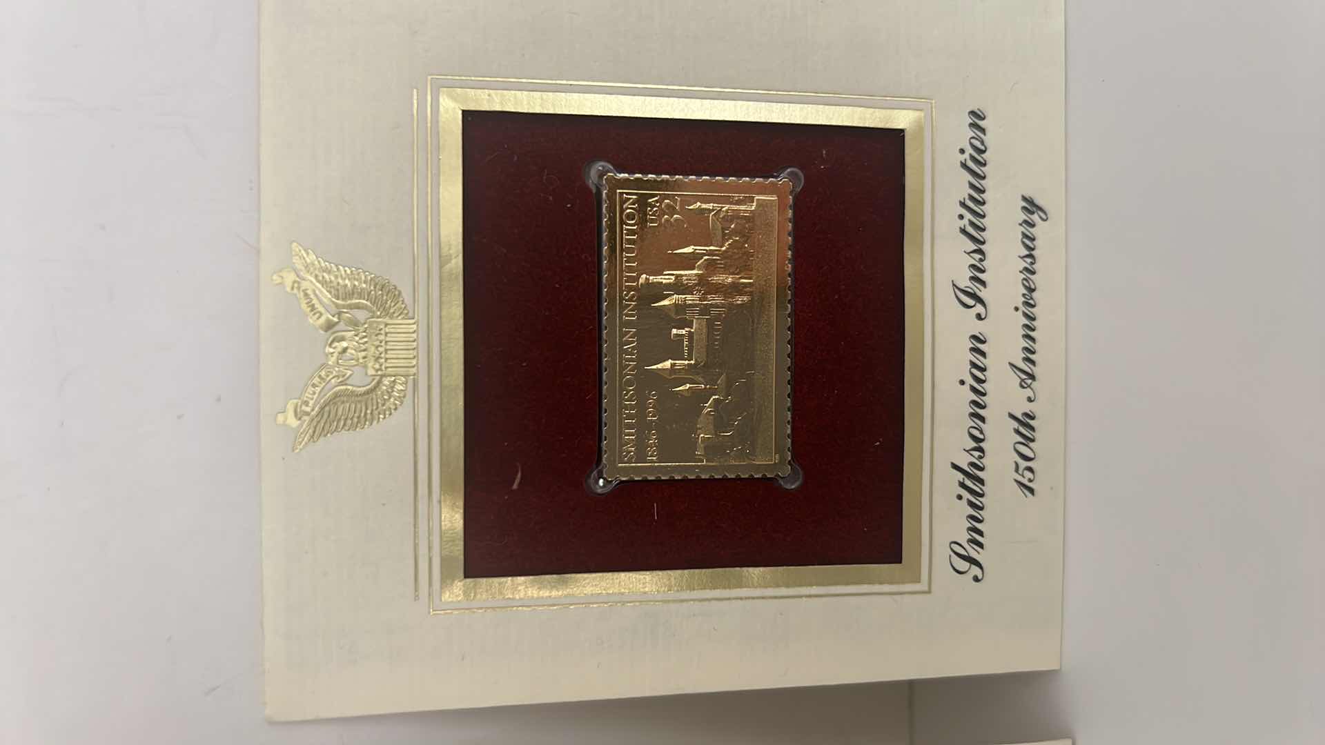 Photo 1 of 2-SMITHSONIAN INSTITUTE 150th ANNIVERSARY 32 CENT COLLECTORS 24K SURFACE REAL GOLD REPLICAS STAMPS