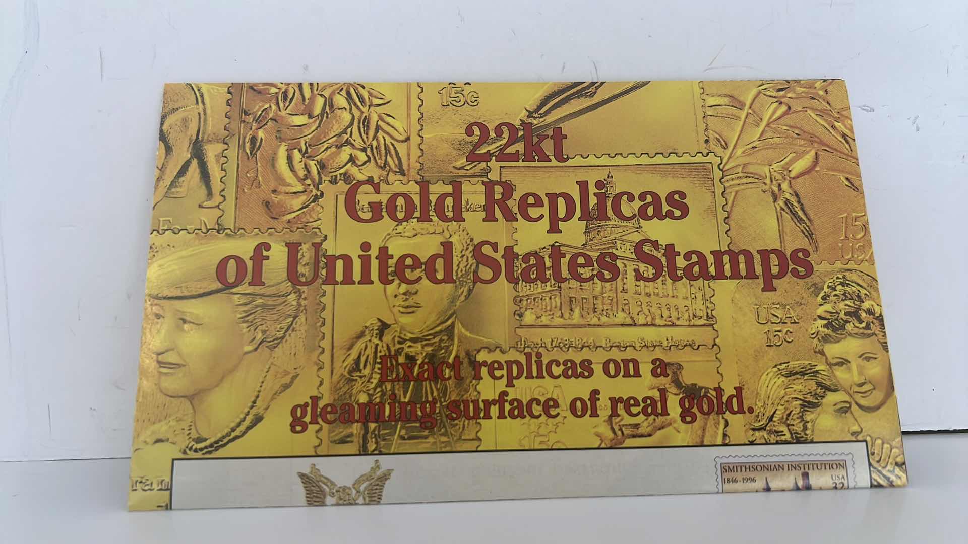 Photo 1 of 2-SMITHSONIAN INSTITUTE 150th ANNIVERSARY 32 CENT COLLECTORS 24K SURFACE REAL GOLD REPLICAS STAMPS