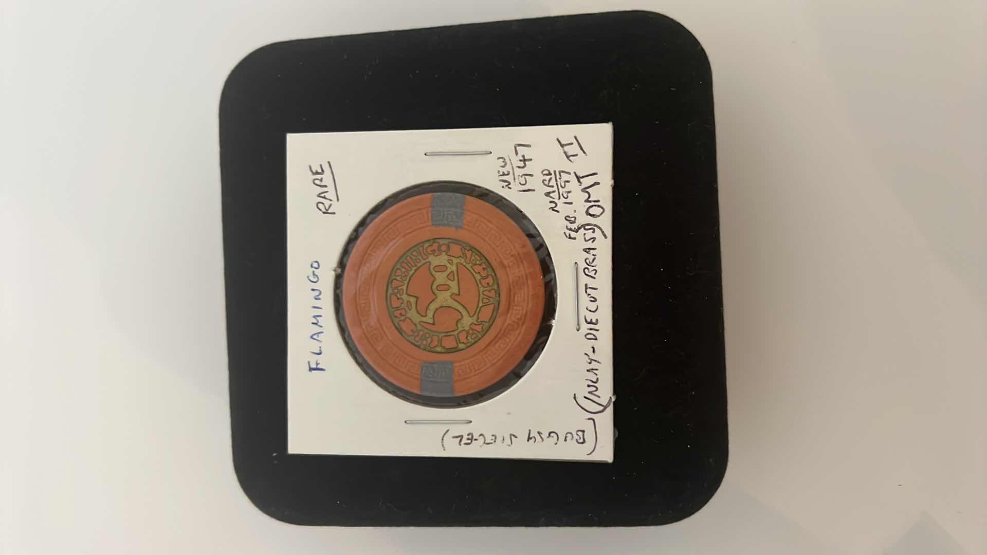 Photo 1 of EXTREMELY RARE VALUABLE FLAMINGO $5 INLAY DIE CAST BRASS "BUGSY SIEGEL" CASINO CHIPS