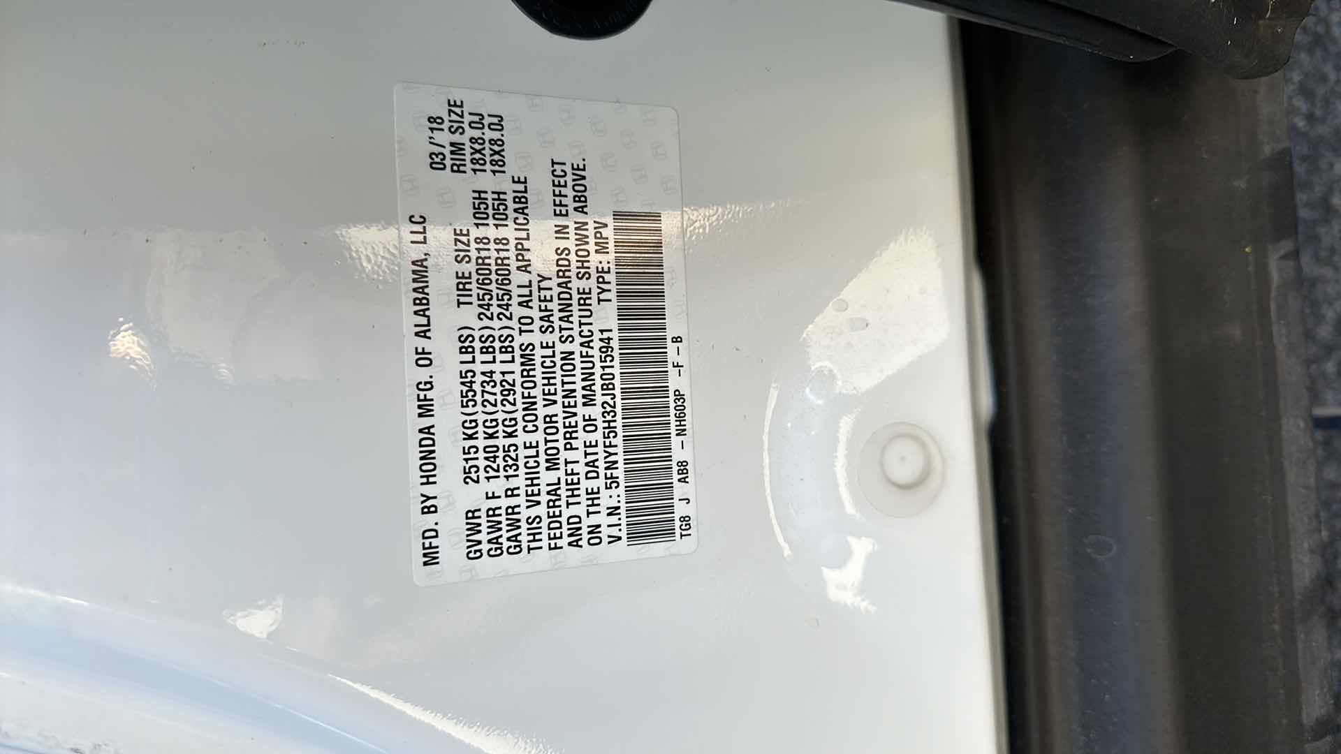 Photo 1 of 2018 WHITE HONDA PILOT W 6 CYL- MILEAGE 41575-(NO ORIGINAL TITLE, BUYER TO TITLE)