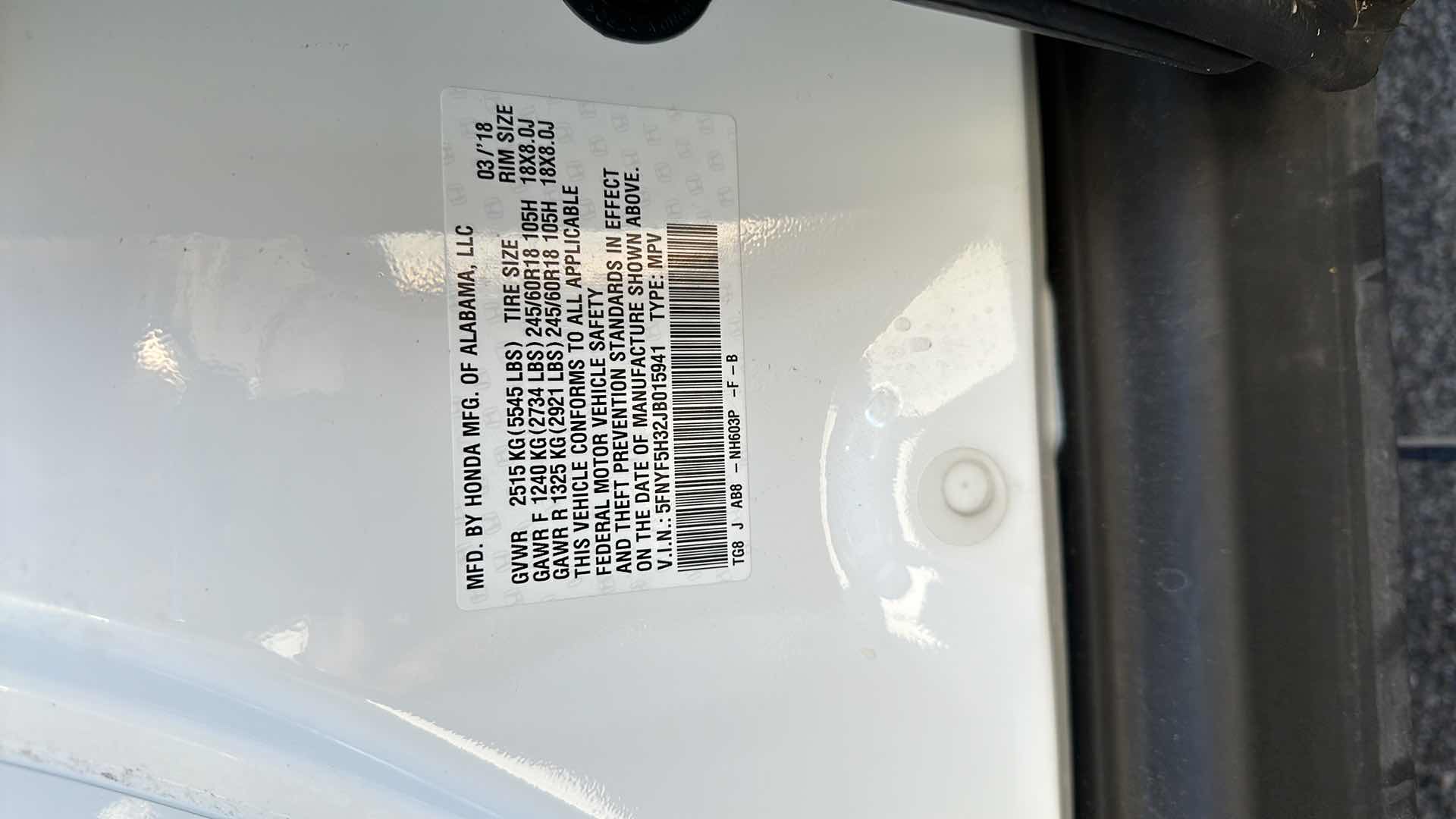 Photo 1 of 2018 WHITE HONDA PILOT W 6 CYL- MILEAGE 41575-(NO ORIGINAL TITLE, BUYER TO TITLE)