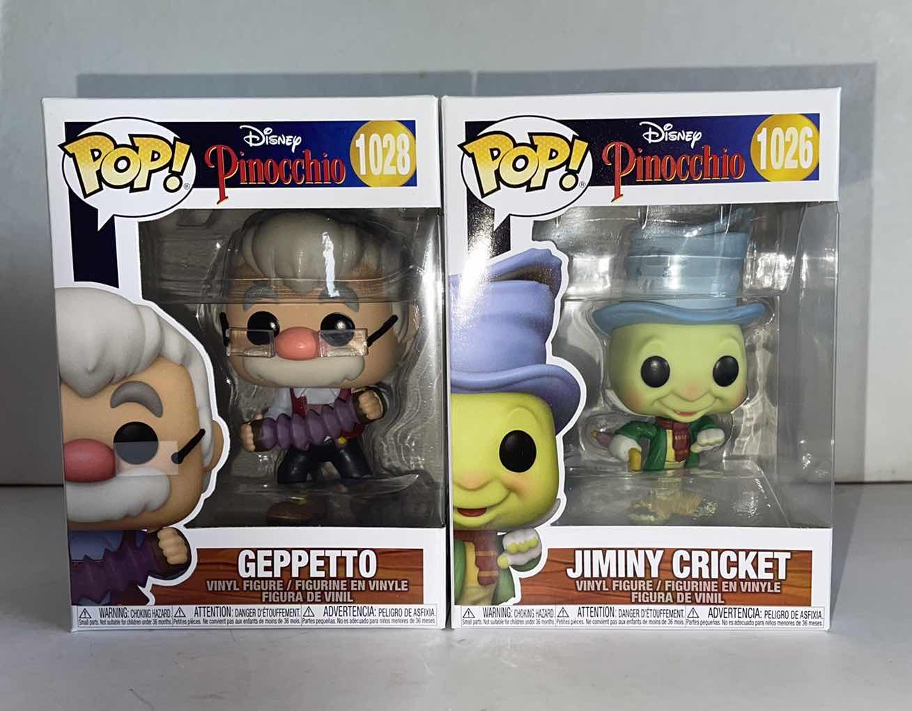 Photo 1 of NIB FUNKO POP DISNEY PINOCCHIO SERIES GEPPETTO #1028 & JIMINY CRICKET #1026 - RETAIL PRICE $35.99