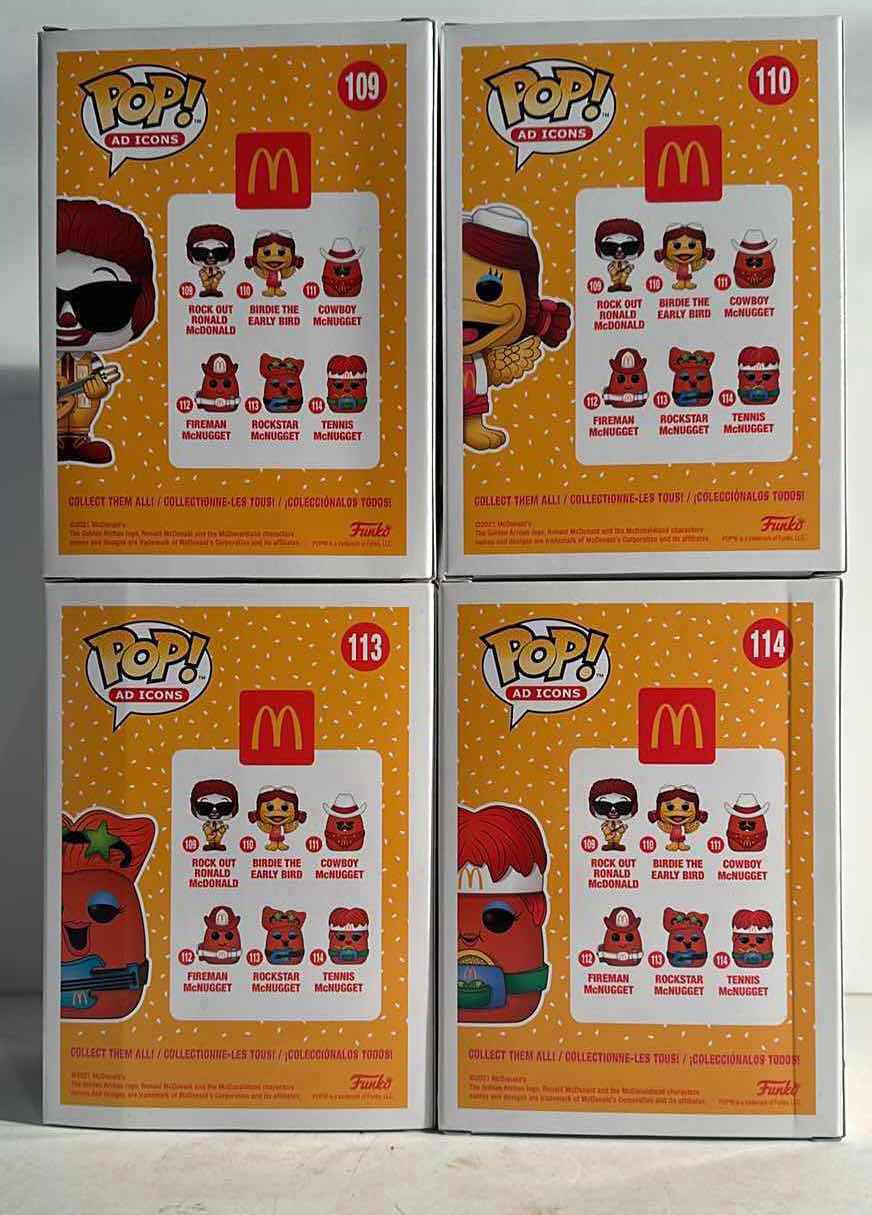 Photo 1 of NIB FUNKO POP AD ICONS MCDONALDS “ROCK OUT RONALD MCDONALD, BIRDIE THE EARLY BIRD, ROCKSTAR MCNUGGET, TENNIS MCNUGGET” -TOTAL RETAIL PRICE $40.00