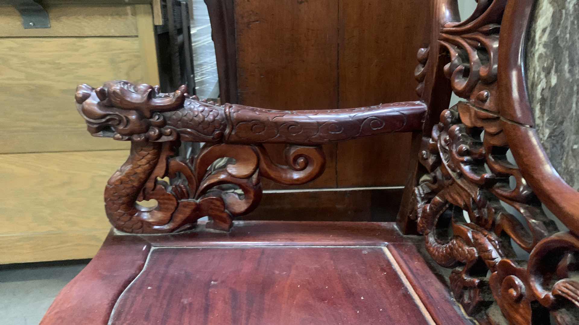 Photo 1 of VINTAGE HAND CARVED WOOD CHINESE HIGH RISE SOFA W MARBLE