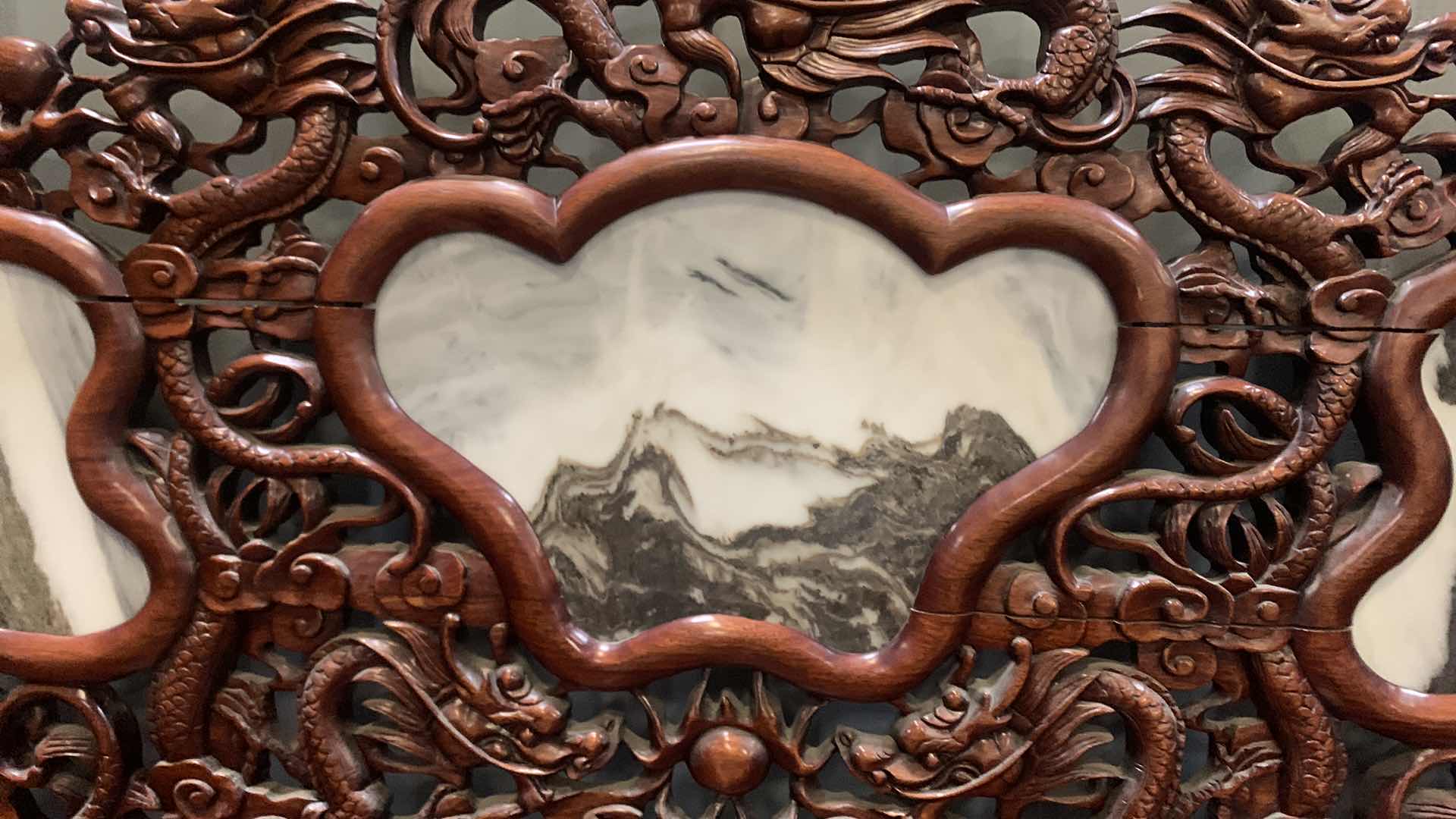 Photo 3 of VINTAGE HAND CARVED WOOD CHINESE HIGH RISE SOFA W MARBLE