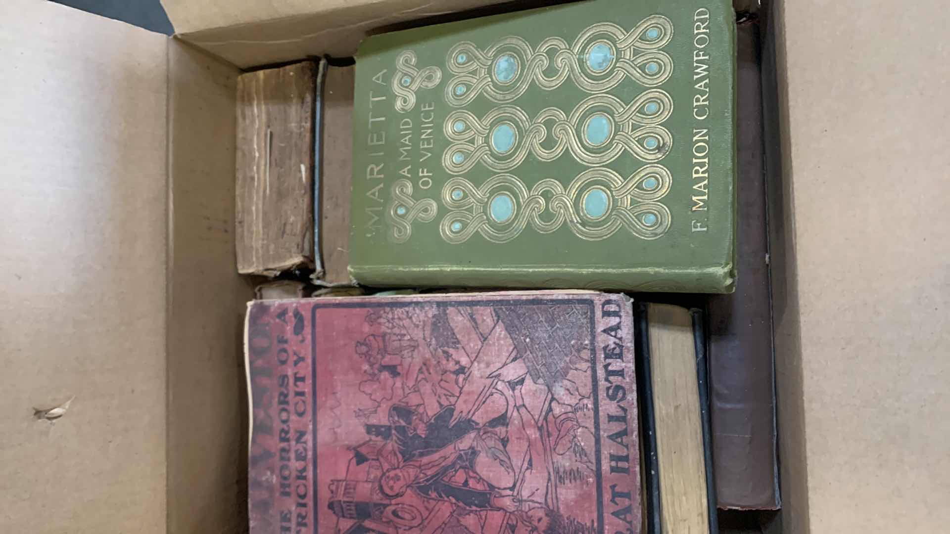 Photo 1 of BOX OF VINTAGE BOOKS AND STAMPS