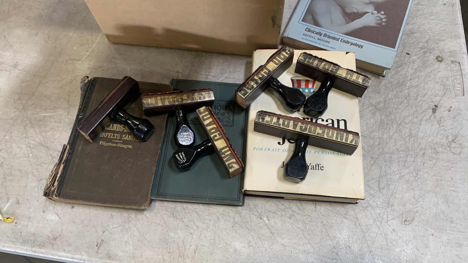 Photo 1 of BOX OF VINTAGE BOOKS AND STAMPS