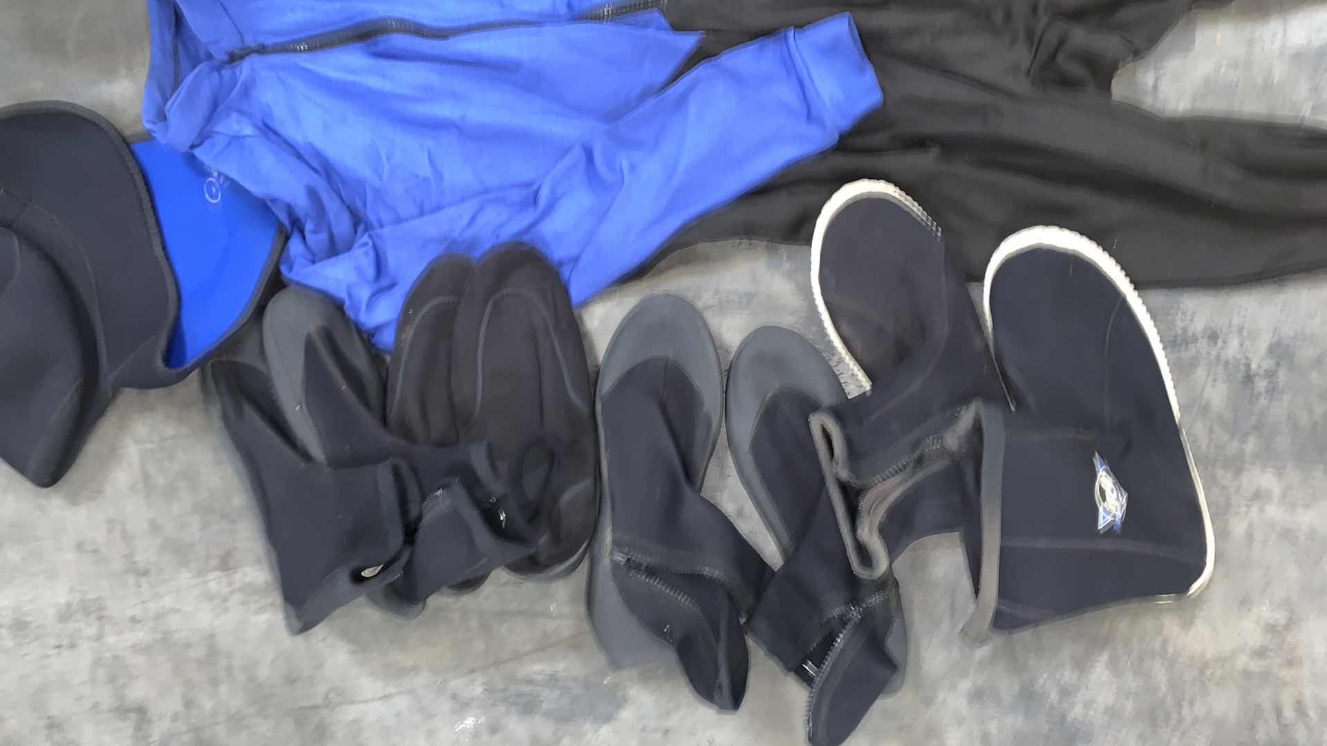 Photo 1 of WETSUIT ASSORTMENT, BOOTS, FACE MASK AND MORE