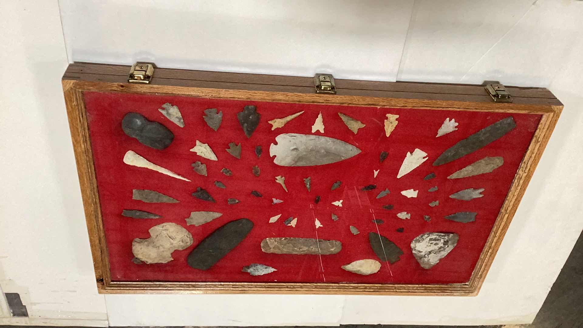 Photo 1 of RARE ANTIQUE AMERICAN INDIAN SPEAR, CLUB AND ARROWHEADS CASE 30” X 18”