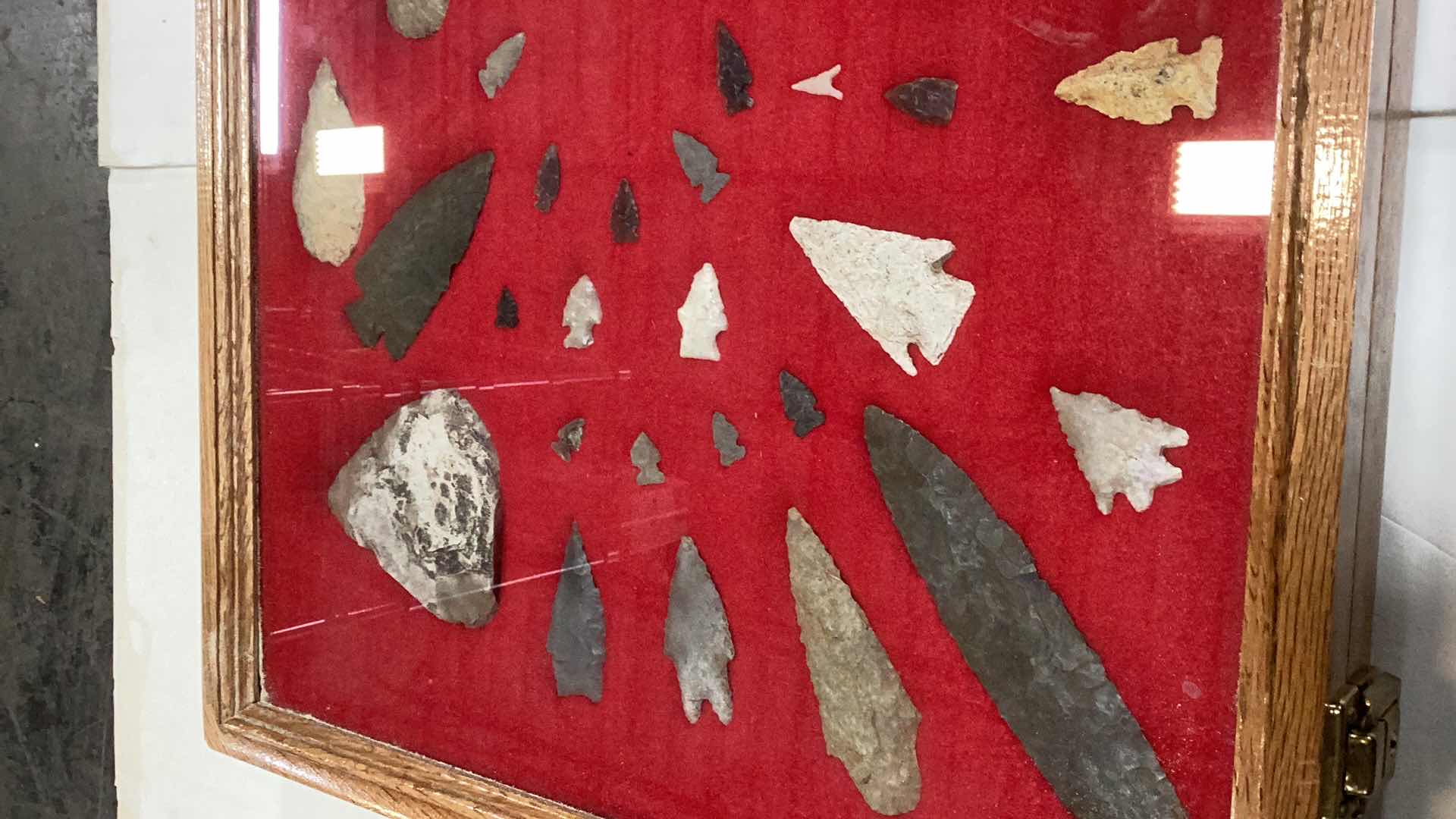 Photo 2 of RARE ANTIQUE AMERICAN INDIAN SPEAR, CLUB AND ARROWHEADS CASE 30” X 18”