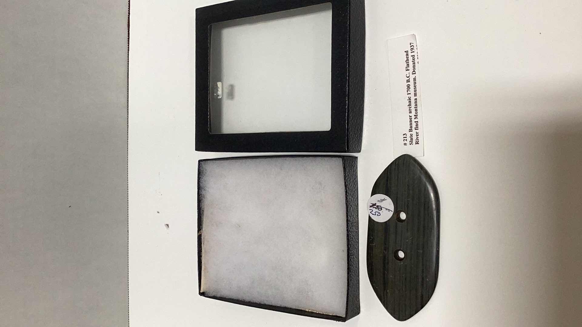 Photo 1 of RARE AMERICAN INDIAN CIRCA 1700 B.C. SLATE FLATHEAD BANNER 4” X 2”