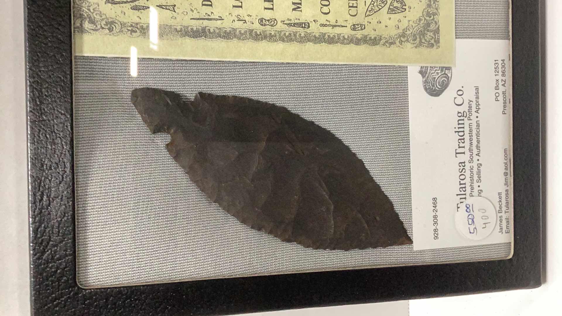 Photo 1 of AMERICAN INDIAN LATE ARCHAIC PERIOD TURKEY TAIL BLACK CHERT ARROWHEAD 5” X 2” WITH CERTIFICATE OF AUTHENTICITY