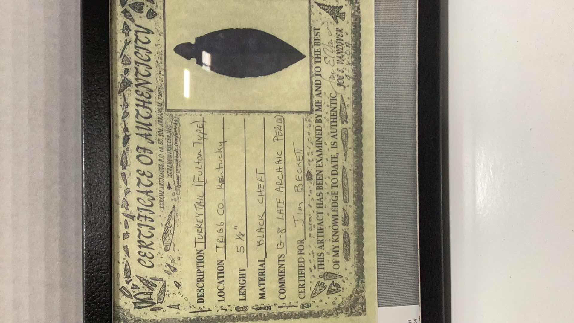 Photo 1 of AMERICAN INDIAN LATE ARCHAIC PERIOD TURKEY TAIL BLACK CHERT ARROWHEAD 5” X 2” WITH CERTIFICATE OF AUTHENTICITY