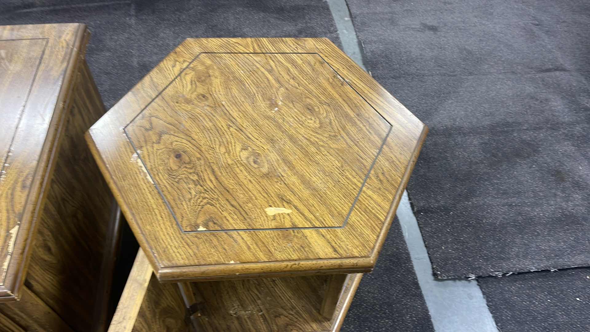 Photo 1 of 2-VINTAGE WOOD SIDE TABLES (27” X 27” H21” & 23” X 23” H21”)