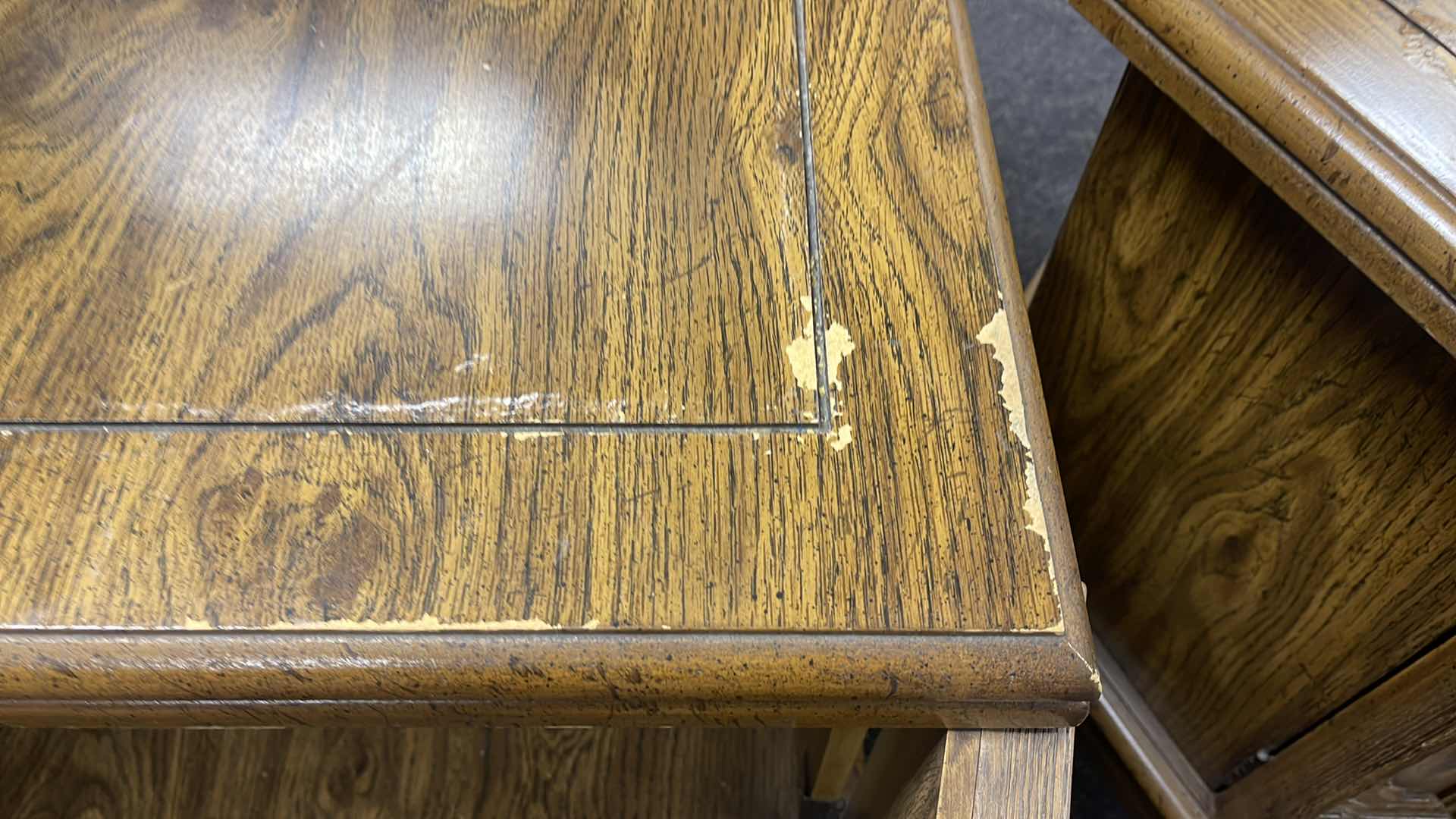 Photo 1 of 2-VINTAGE WOOD SIDE TABLES (27” X 27” H21” & 23” X 23” H21”)