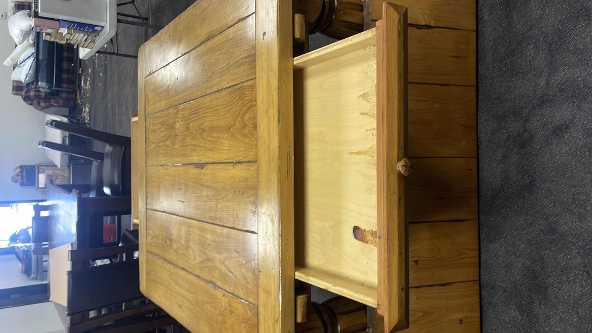 Photo 1 of HEAVY WOOD SLATE TOP TABLE W ONE EXTENSION LEAF 50” X 70” H30”