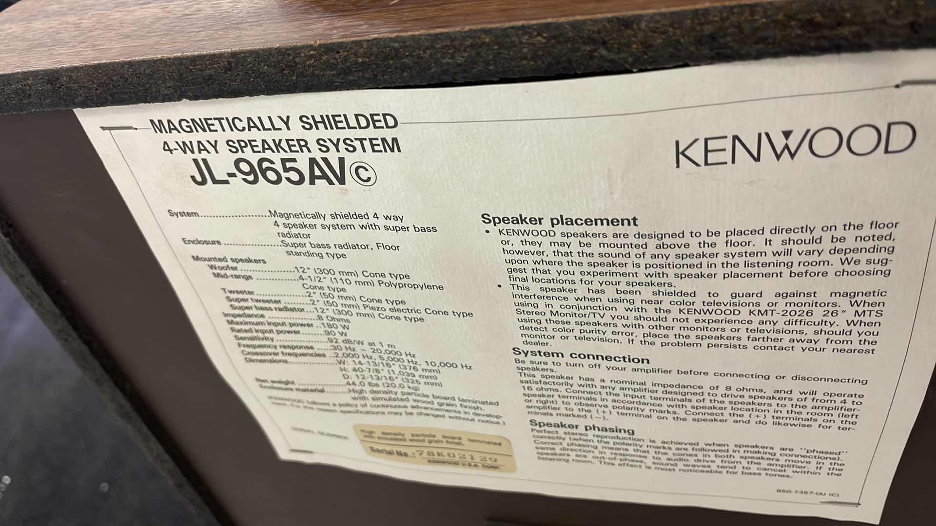 Photo 1 of KENWOOD JL-965AV 4 WAY SPEAKER SYSTEM