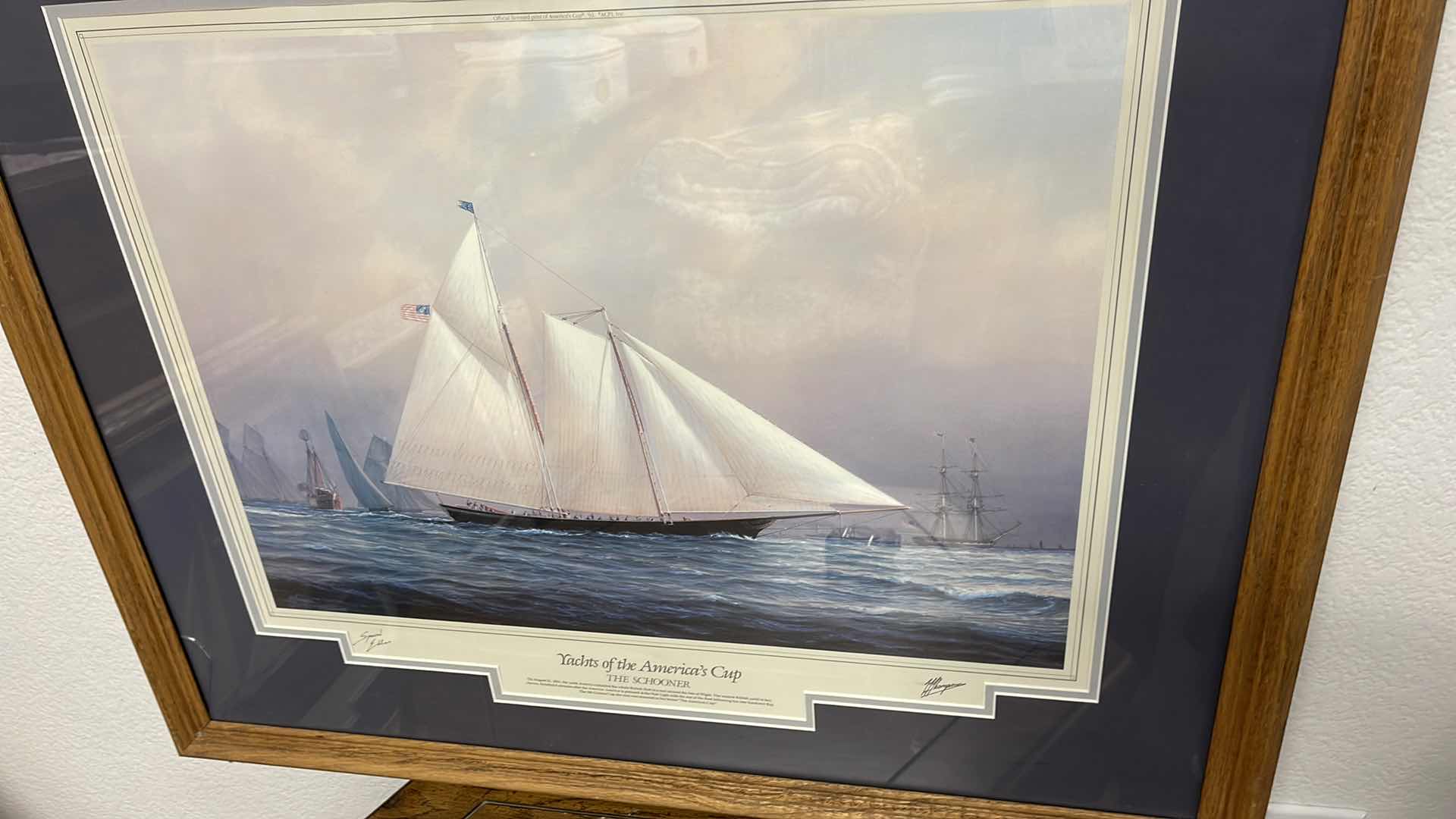 Photo 1 of WOOD FRAMED YACHTS OF THE AMERICAN CUP “THE SCHOONER” W AUTOGRAPHS 30” X 25”