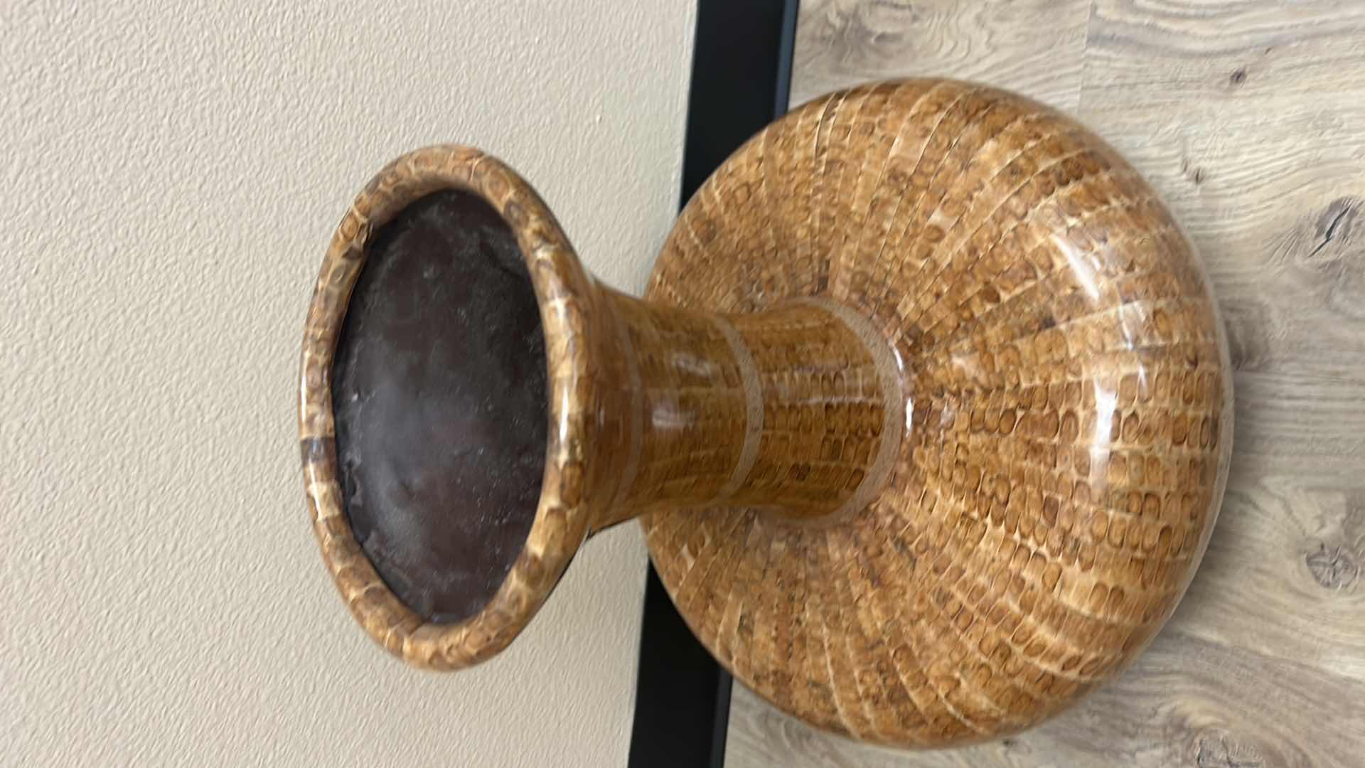 Photo 1 of 17.5” x 17.5. GLAZED WOOD VASE w FAUX GREENERY