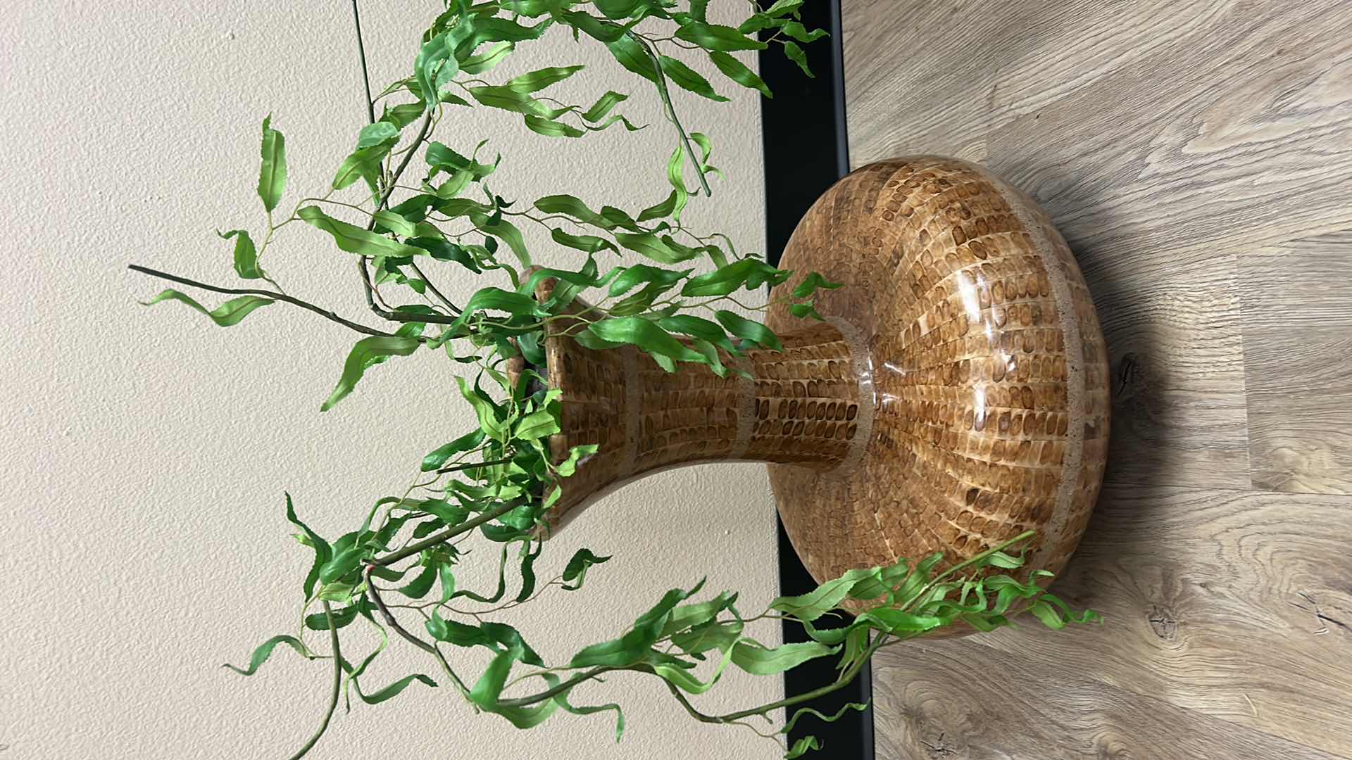 Photo 1 of 17.5” x 17.5. GLAZED WOOD VASE w FAUX GREENERY