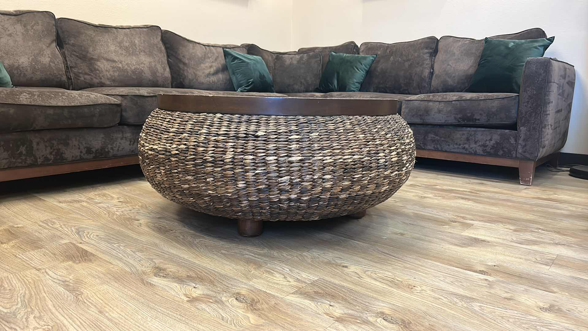 Photo 1 of PALECEK ROUND WOOD AND RATTAN COFFEE TABLE 42” x 19”