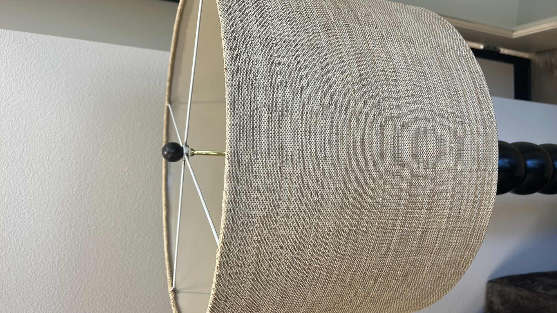 Photo 1 of BLACK WOOD FLOOR LAMP WITH ROUGH LINEN SHADE H67”