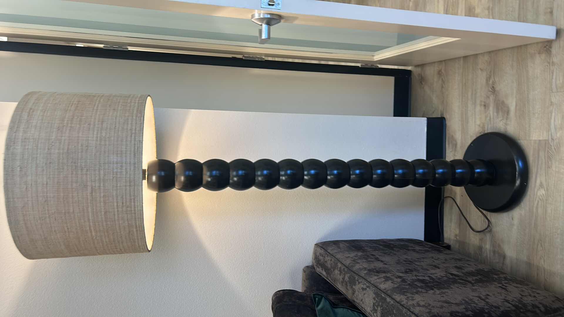 Photo 1 of BLACK WOOD FLOOR LAMP WITH ROUGH LINEN SHADE H67”