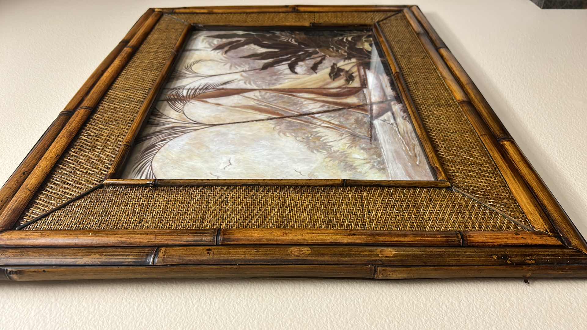 Photo 1 of BAMBOO AND RATTAN FRAMED “SAILBOAT TROPICAL” ARTWORK 35.5” x 29.5”