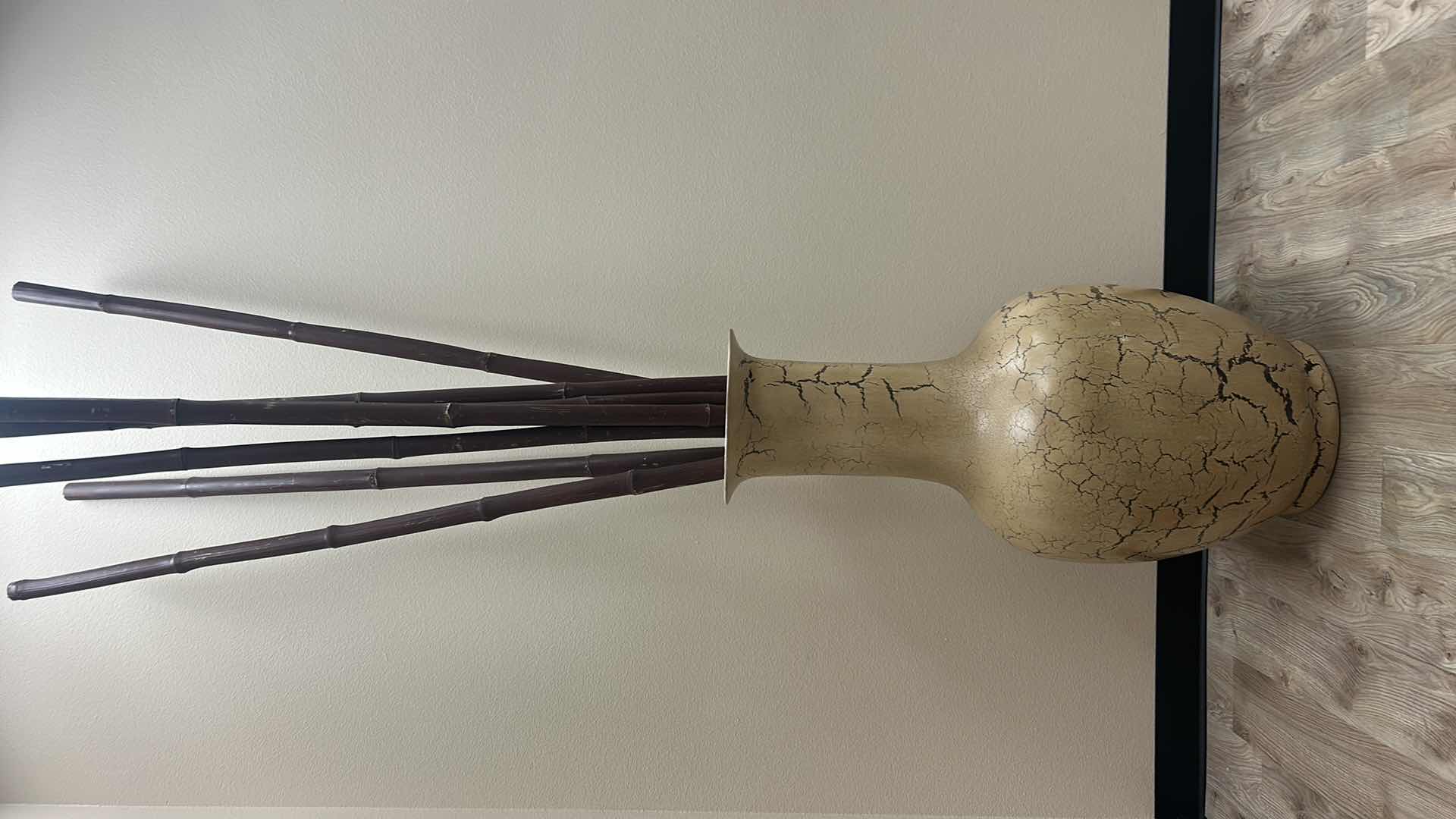 Photo 1 of LARGE CRACKLE PAINT POTTERY VASE 21” x 41” WITH BAMBOO H8’