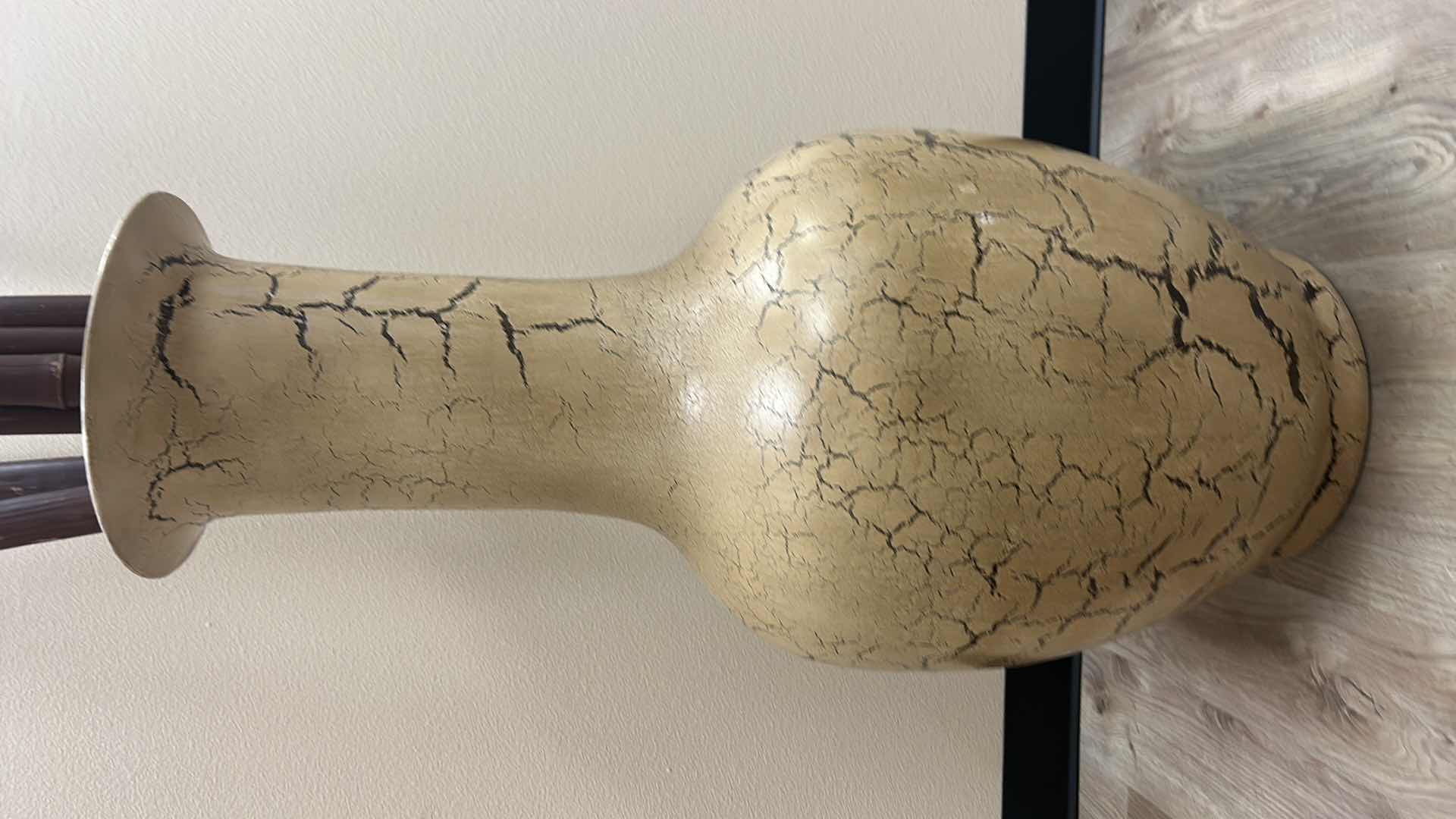 Photo 1 of LARGE CRACKLE PAINT POTTERY VASE 21” x 41” WITH BAMBOO H8’