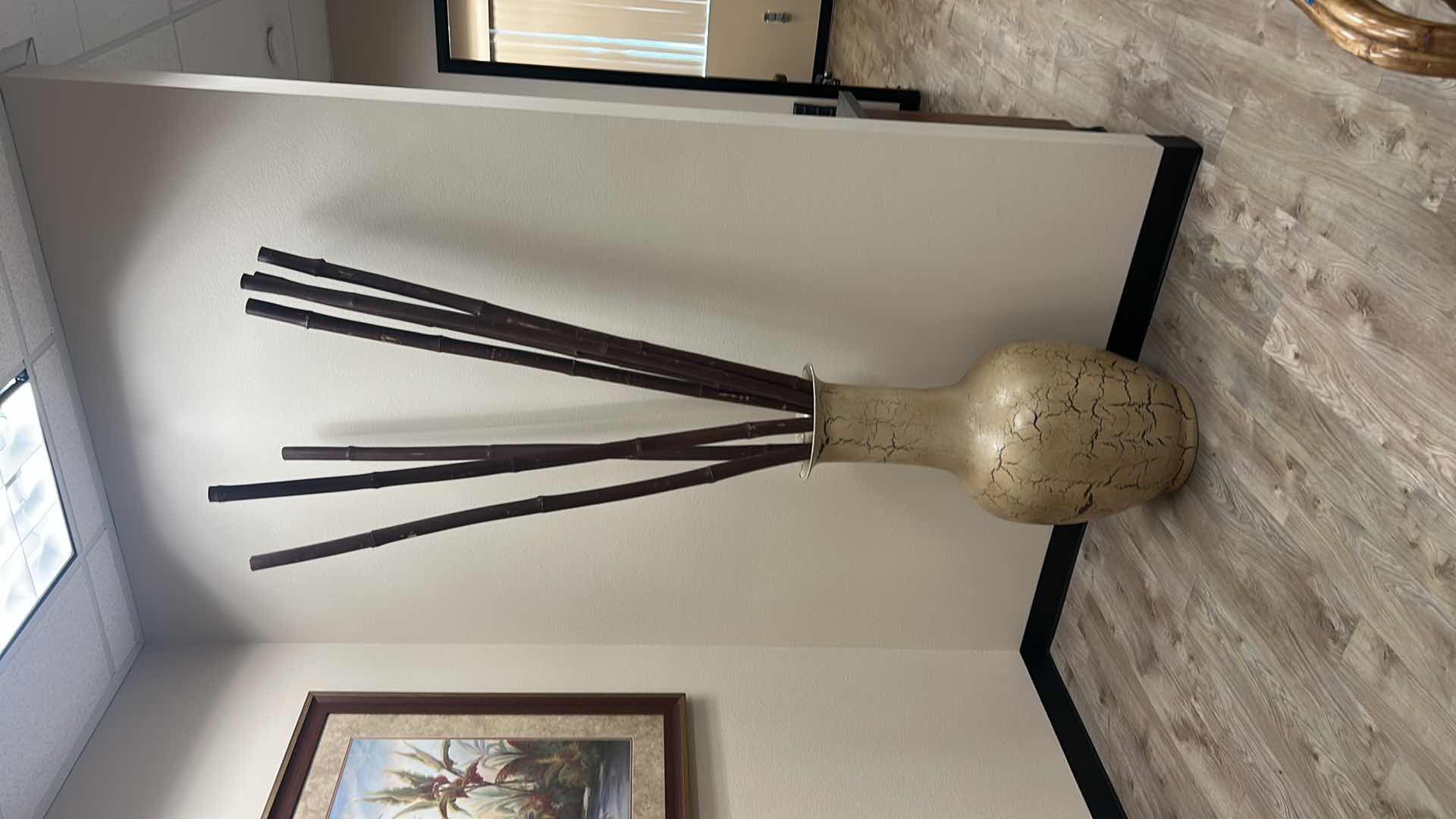 Photo 1 of LARGE CRACKLE PAINT POTTERY VASE 21” x 41” WITH BAMBOO H8’