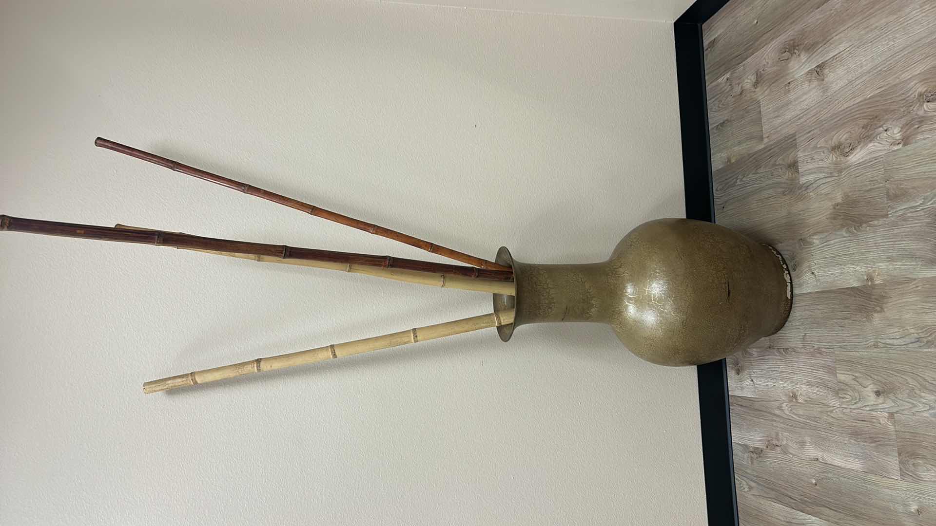 Photo 1 of LARGE CRACKLE PAINT POTTERY VASE WITH BAMBOO H6’