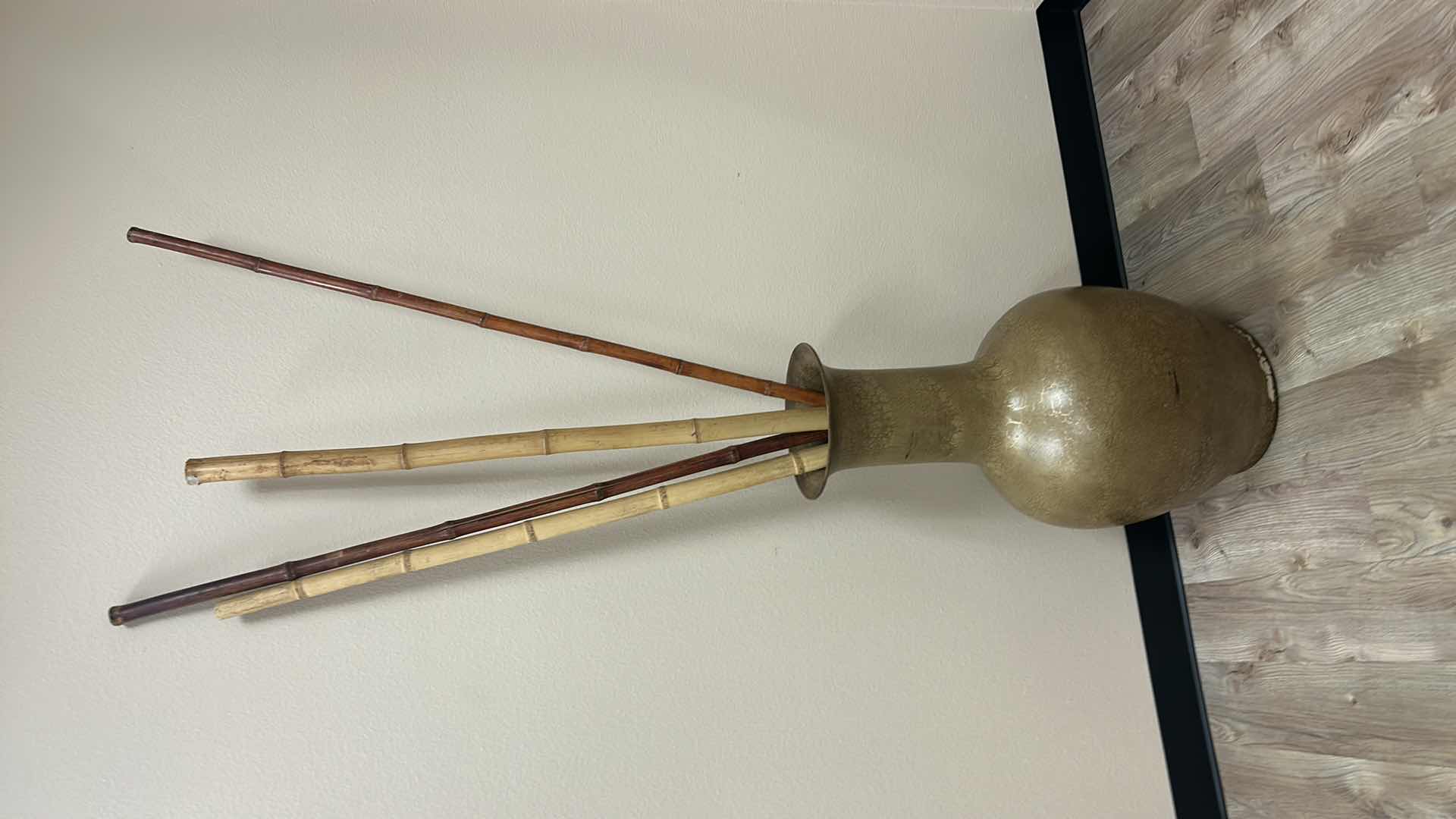 Photo 1 of LARGE CRACKLE PAINT POTTERY VASE WITH BAMBOO H6’