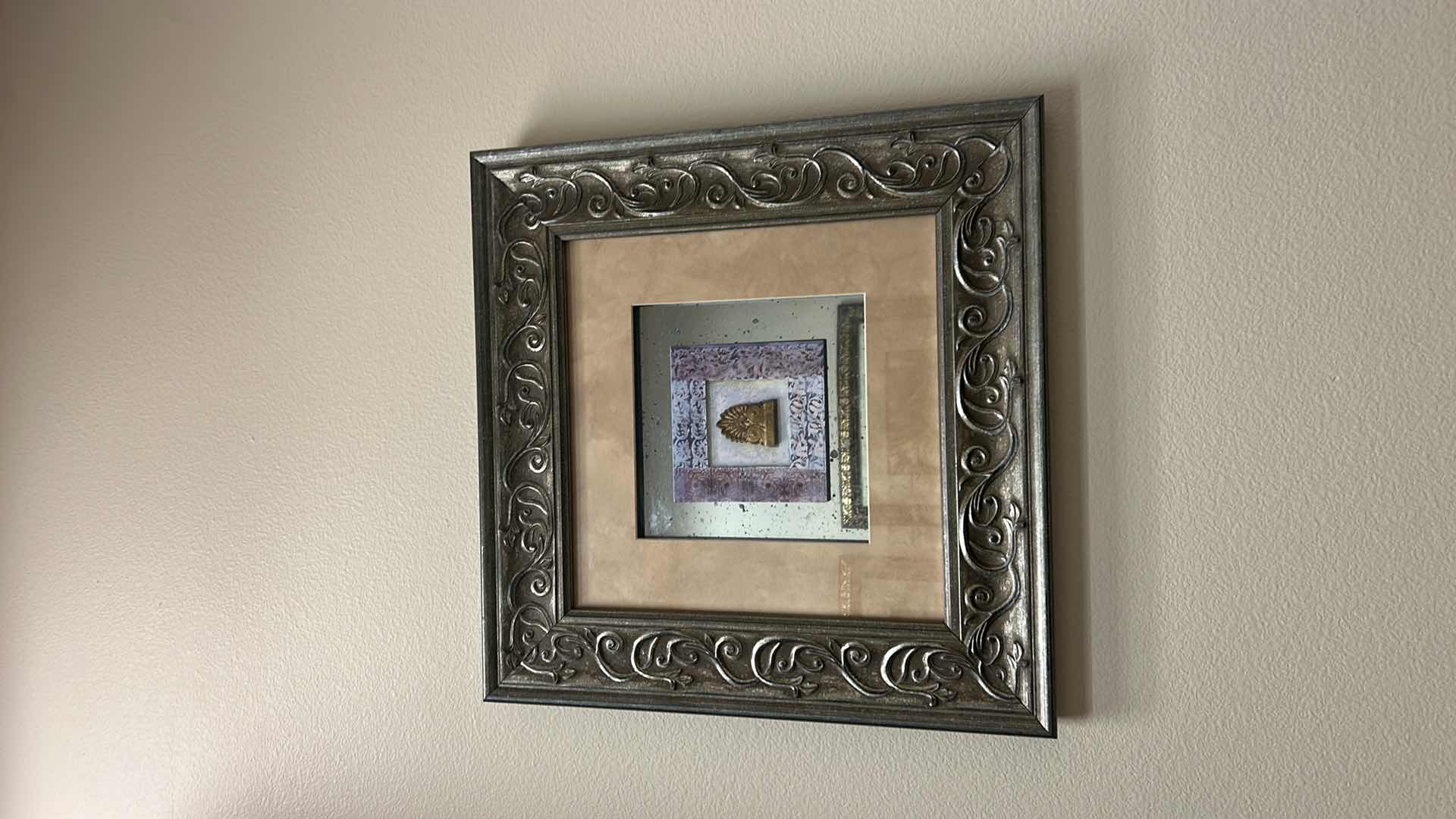 Photo 1 of SILVER TONED WOOD FRAME SHADOW BOX (GOLD MEDALLION) ARTWORK 22”x 22”