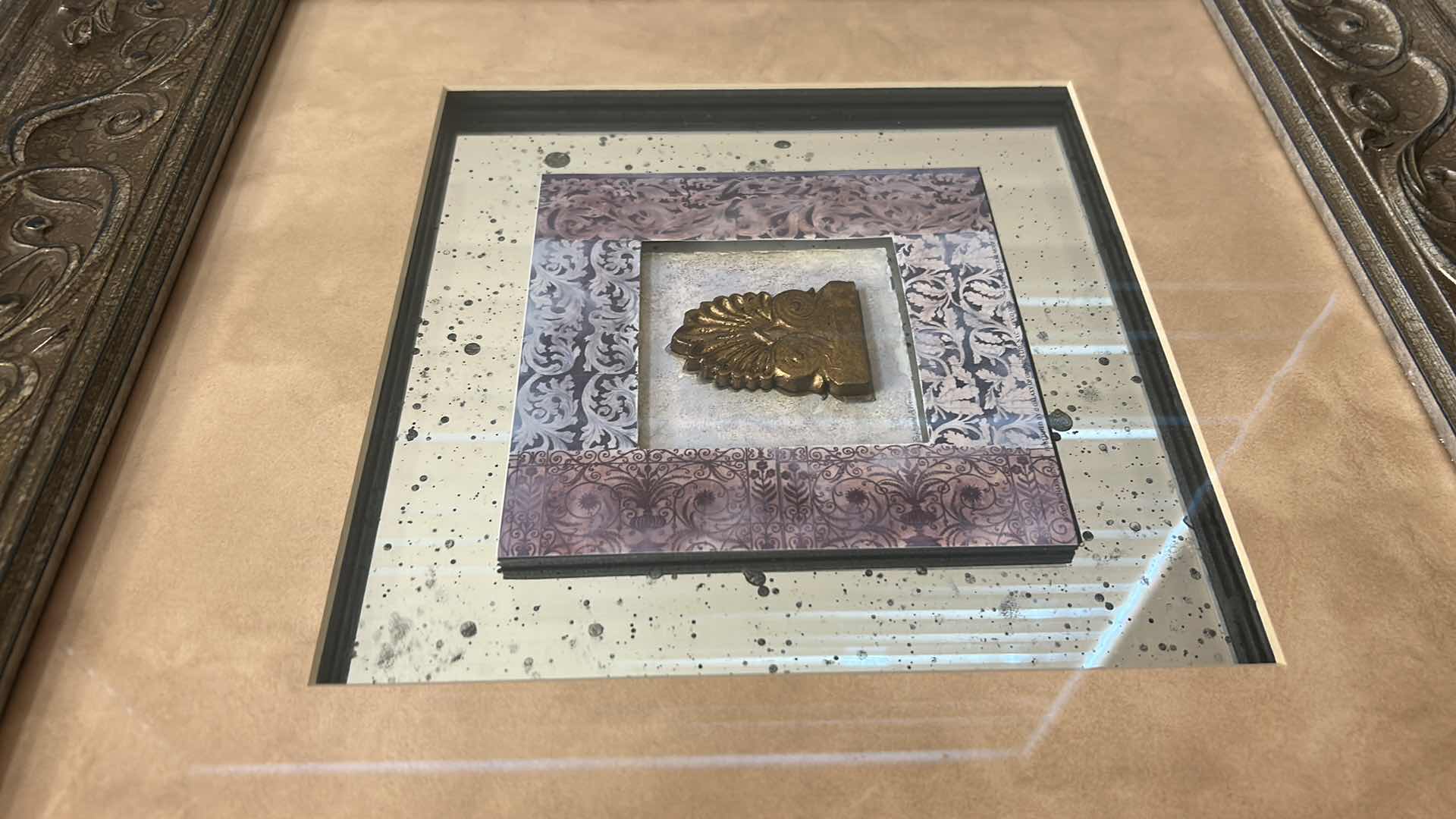 Photo 1 of SILVER TONED WOOD FRAME SHADOW BOX (GOLD MEDALLION) ARTWORK 22”x 22”