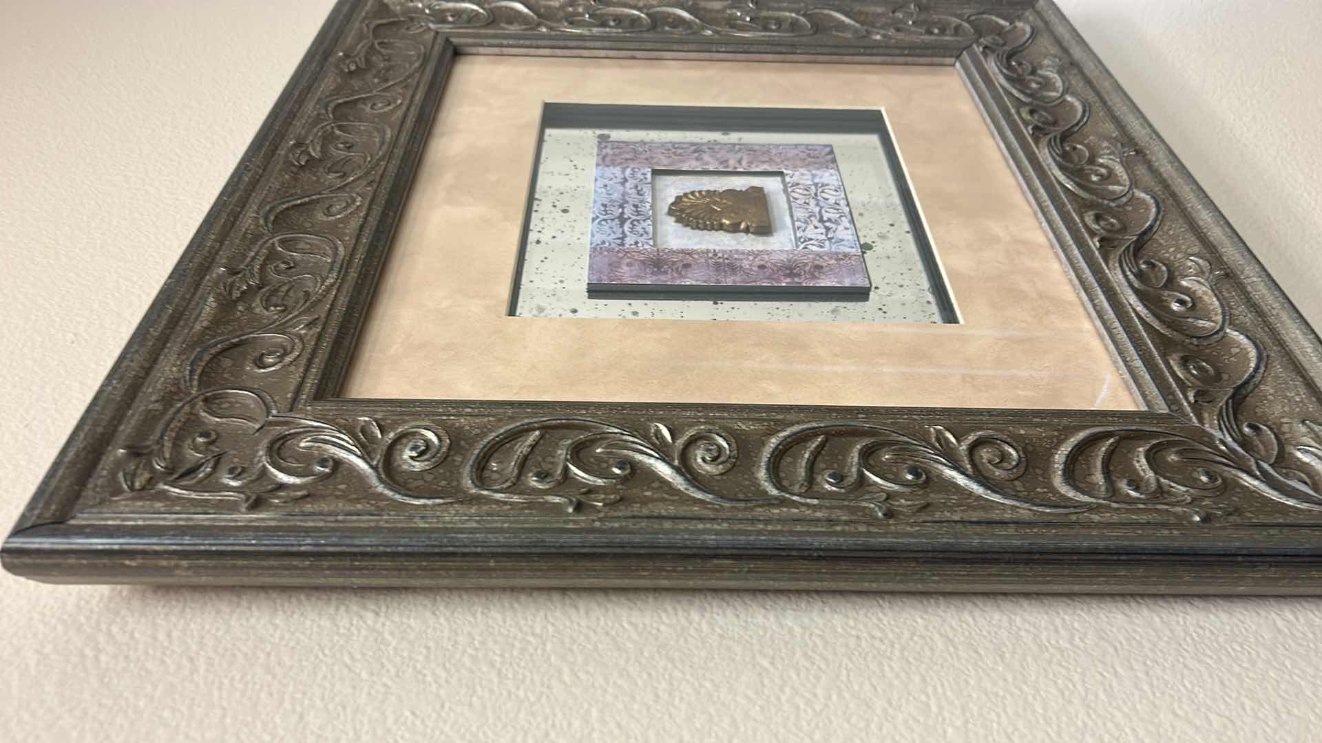 Photo 1 of SILVER TONED WOOD FRAME SHADOW BOX (GOLD MEDALLION) ARTWORK 22”x 22”