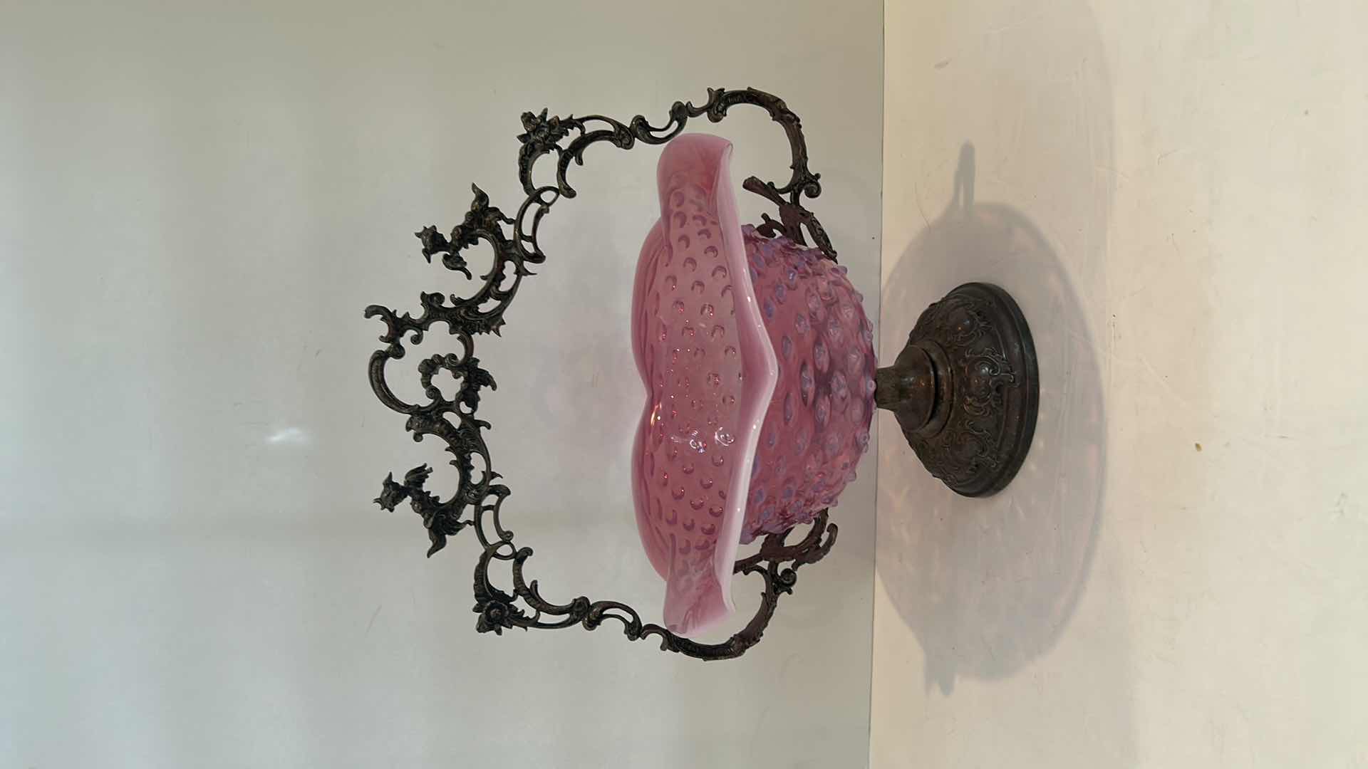 Photo 1 of ANTIQUE 1800'S TRIPLE PLATED SILVER BRIDES BASKET W/ RUFFLED PINK GLASS BOWL 12” x 13”