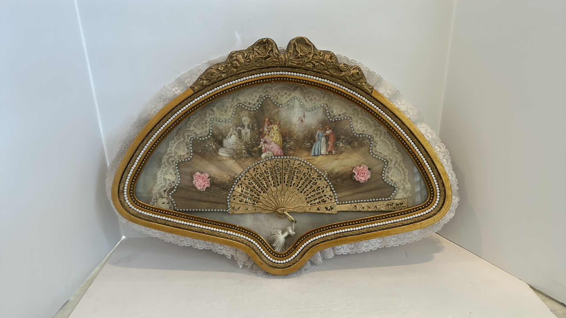 Photo 1 of ANTIQUE VICTORIAN FRENCH HAND PAINTED SILK AND CELLULOID HAND FAN SHADOW BOX  22” x 16”