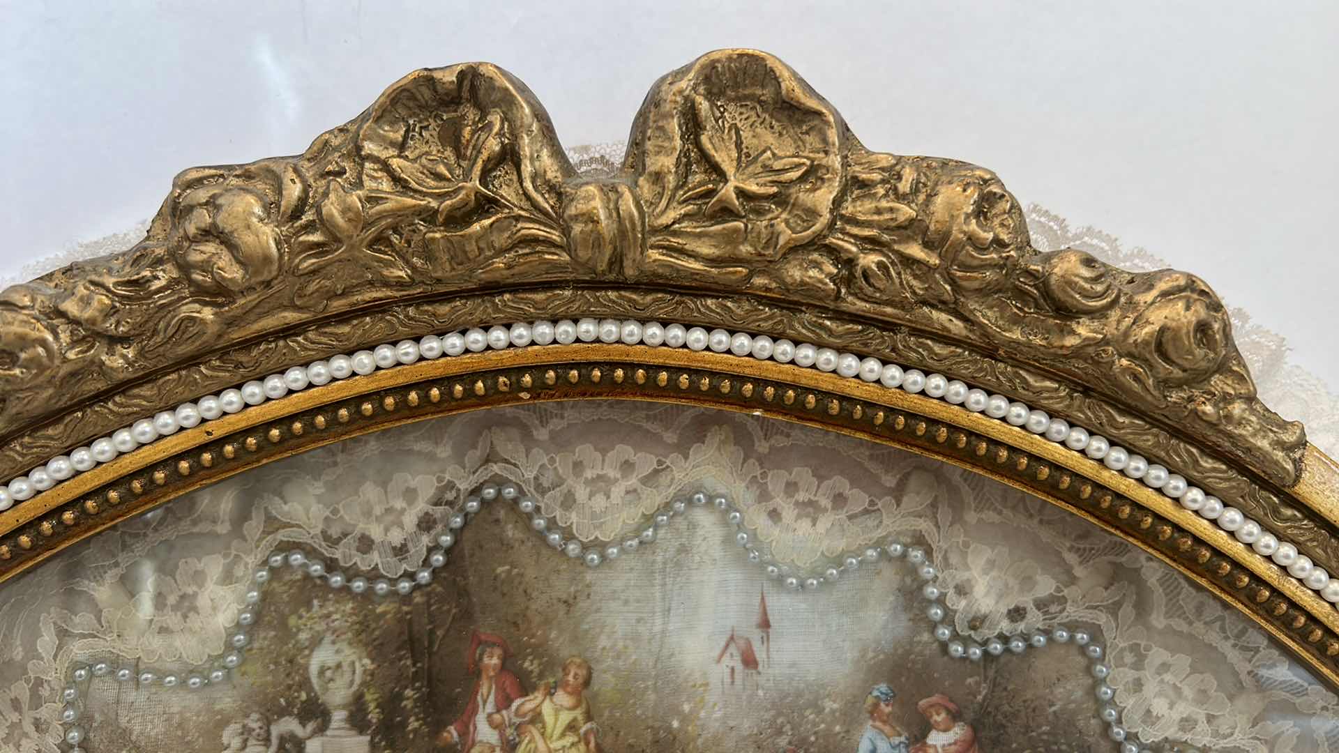 Photo 1 of ANTIQUE VICTORIAN FRENCH HAND PAINTED SILK AND CELLULOID HAND FAN SHADOW BOX  22” x 16”