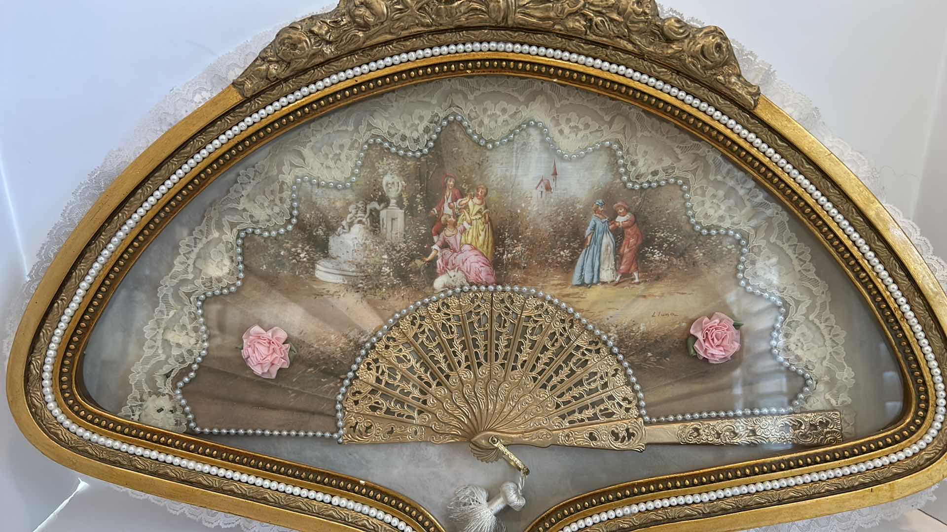 Photo 1 of ANTIQUE VICTORIAN FRENCH HAND PAINTED SILK AND CELLULOID HAND FAN SHADOW BOX  22” x 16”