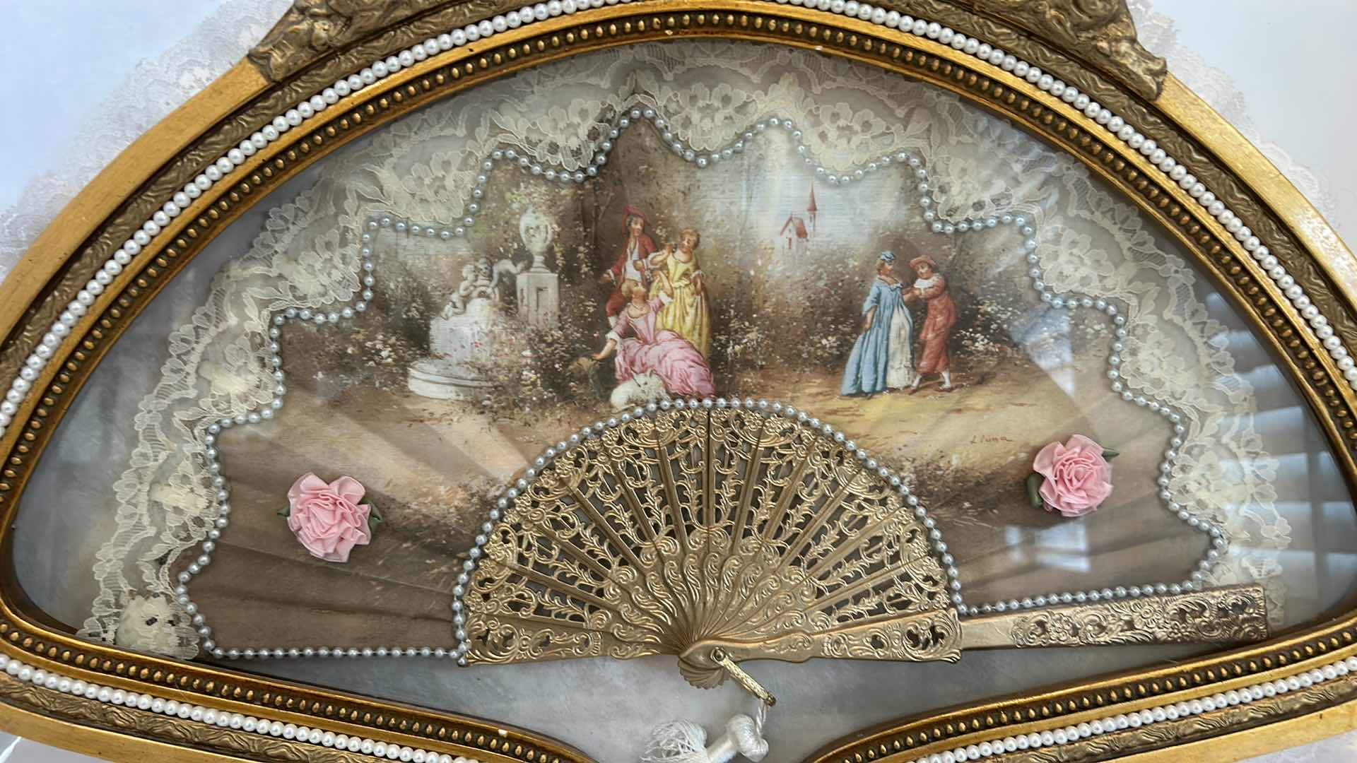 Photo 1 of ANTIQUE VICTORIAN FRENCH HAND PAINTED SILK AND CELLULOID HAND FAN SHADOW BOX  22” x 16”